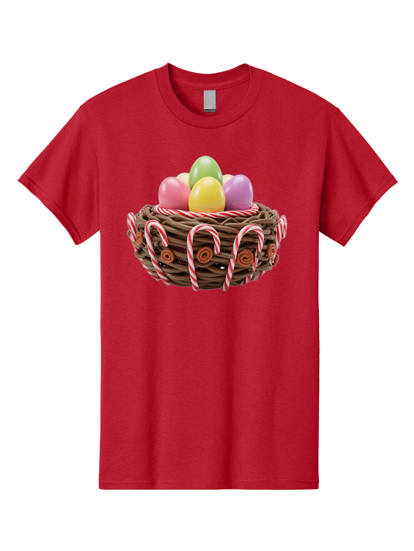 Candy-Cane-Nest-With-Easter-Eggs Men'S Graphic Tee, 100% Cotton, Comfortable Casual Summer Wear, Machine Washable, Easter Eggs In Nest, Candy Canes Decoration, Festive Treats, Holiday Sweets, Pastel Colors, Wicker Basket, Seasonal Decor, Baa250