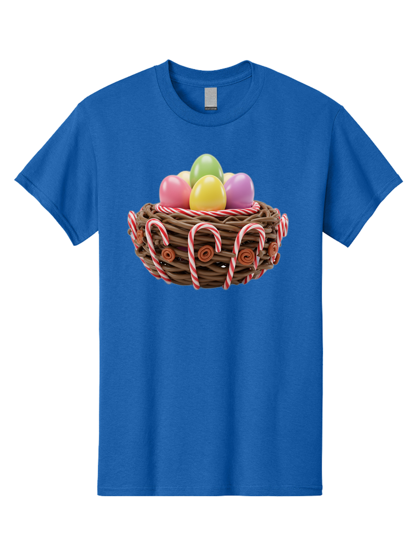 Candy-Cane-Nest-With-Easter-Eggs Men'S Graphic Tee, 100% Cotton, Comfortable Casual Summer Wear, Machine Washable, Easter Eggs In Nest, Candy Canes Decoration, Festive Treats, Holiday Sweets, Pastel Colors, Wicker Basket, Seasonal Decor, Baa250