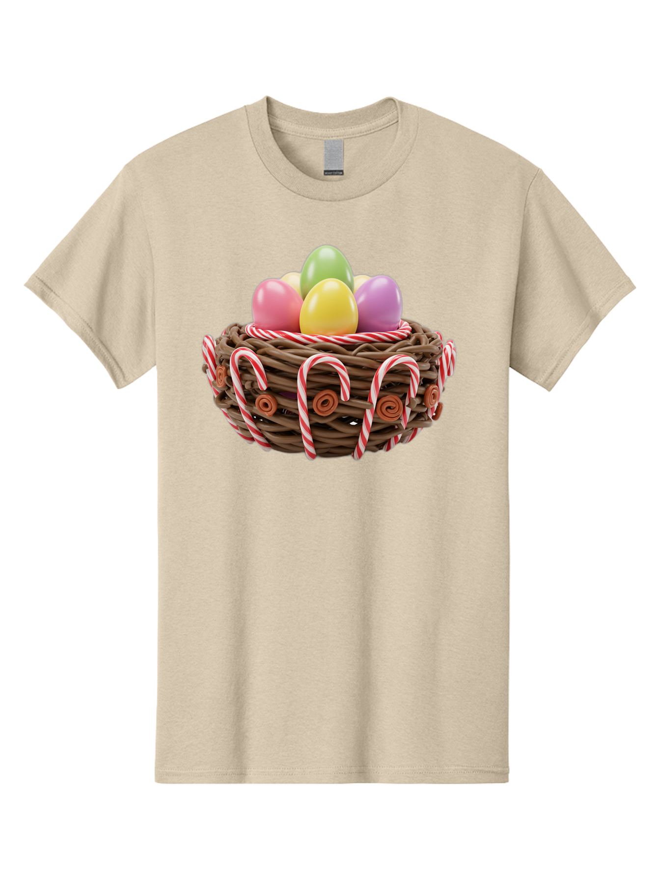 Candy-Cane-Nest-With-Easter-Eggs Men'S Graphic Tee, 100% Cotton, Comfortable Casual Summer Wear, Machine Washable, Easter Eggs In Nest, Candy Canes Decoration, Festive Treats, Holiday Sweets, Pastel Colors, Wicker Basket, Seasonal Decor, Baa250