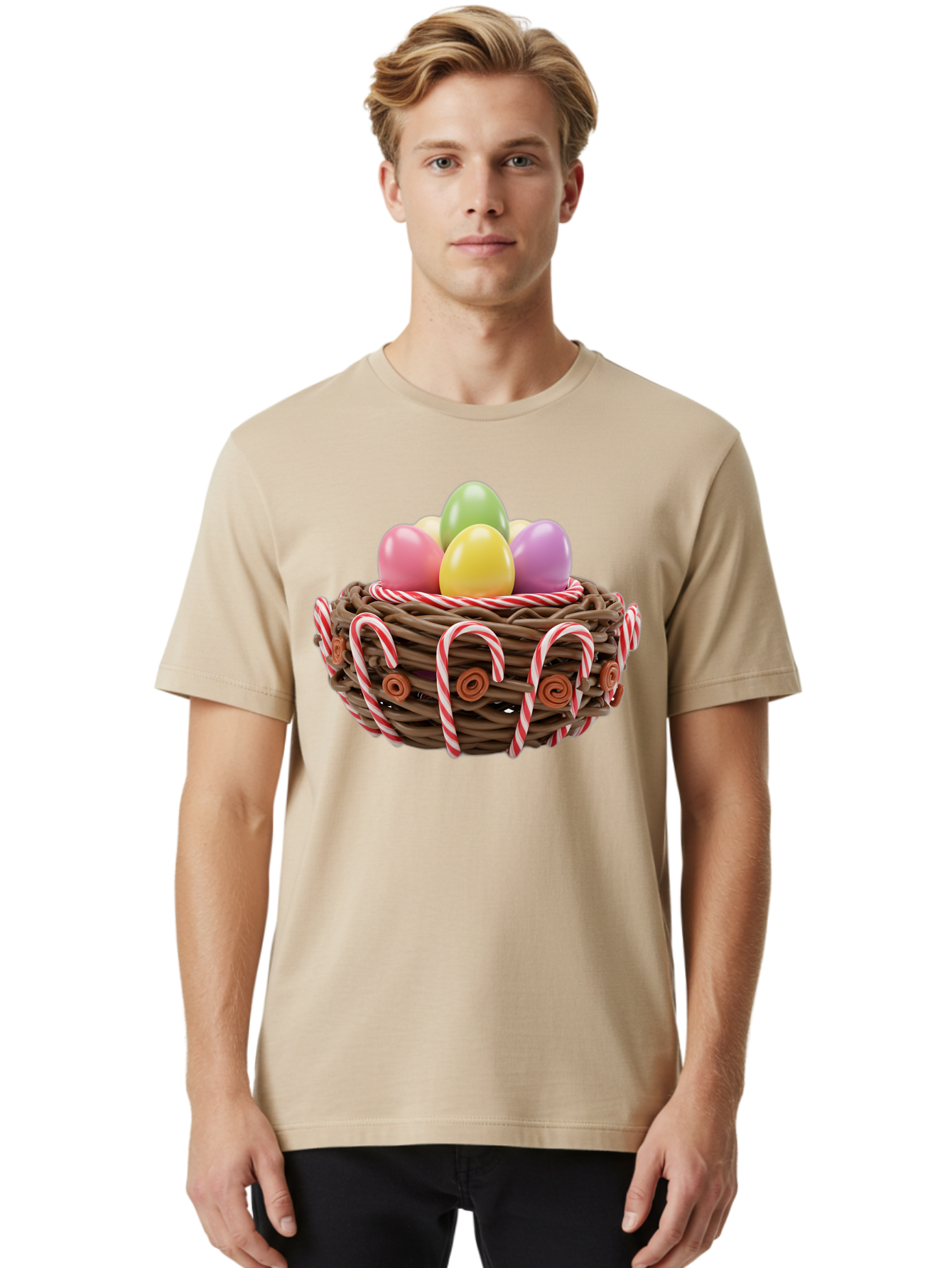Candy-Cane-Nest-With-Easter-Eggs Men'S Graphic Tee, 100% Cotton, Comfortable Casual Summer Wear, Machine Washable, Easter Eggs In Nest, Candy Canes Decoration, Festive Treats, Holiday Sweets, Pastel Colors, Wicker Basket, Seasonal Decor, Baa250