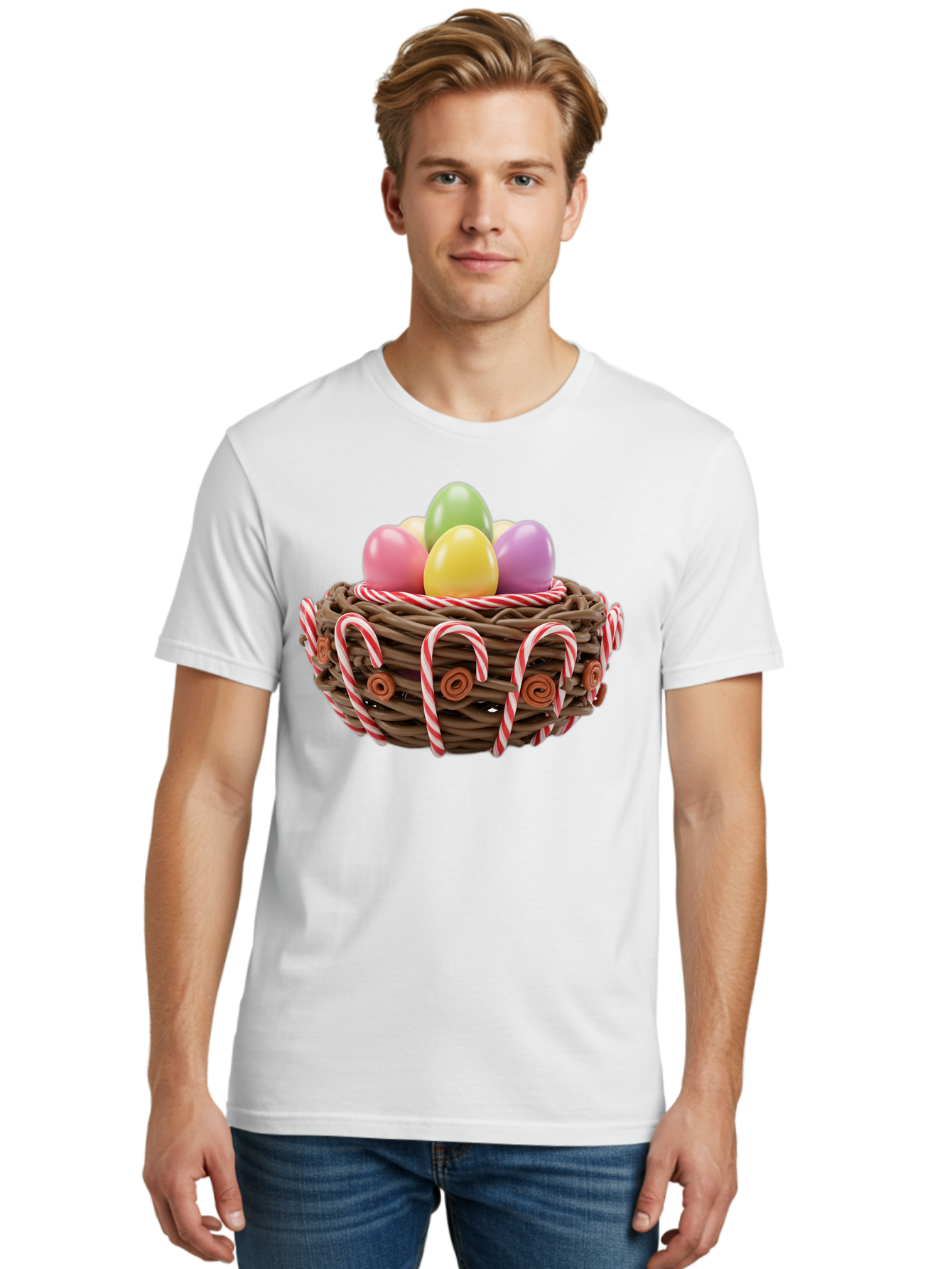 Candy-Cane-Nest-With-Easter-Eggs Men'S Graphic Tee, 100% Cotton, Comfortable Casual Summer Wear, Machine Washable, Easter Eggs In Nest, Candy Canes Decoration, Festive Treats, Holiday Sweets, Pastel Colors, Wicker Basket, Seasonal Decor, Baa250