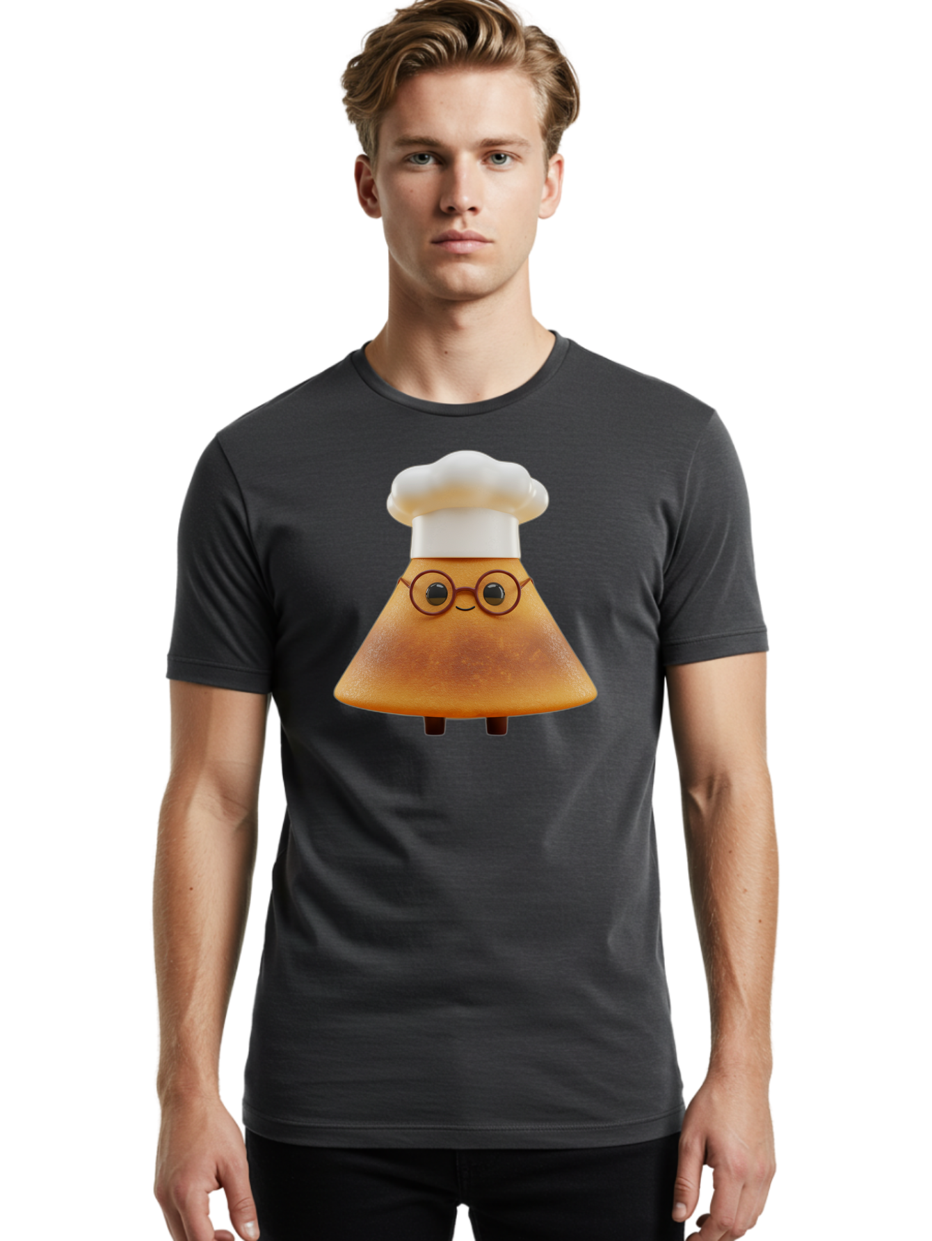 Caramel-Macchiato Men'S Graphic Tee, 100% Cotton, Comfortable Casual Summer Wear, Machine Washable, Cartoon Chef, Triangular Chef, Chef Hat, Round Glasses, Smiling Face, Black Eyes, Chef Character, Kitchen Staff, Cooking, Funny Character, Baa252