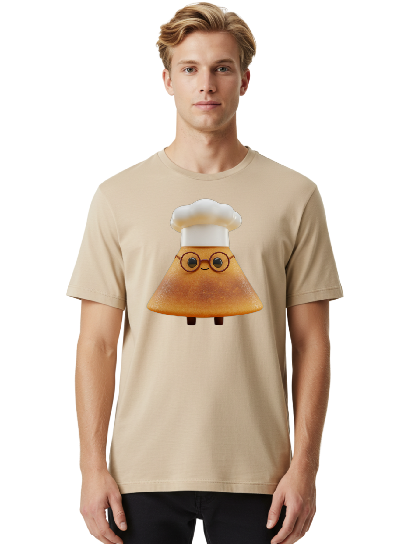 Caramel-Macchiato Men'S Graphic Tee, 100% Cotton, Comfortable Casual Summer Wear, Machine Washable, Cartoon Chef, Triangular Chef, Chef Hat, Round Glasses, Smiling Face, Black Eyes, Chef Character, Kitchen Staff, Cooking, Funny Character, Baa252