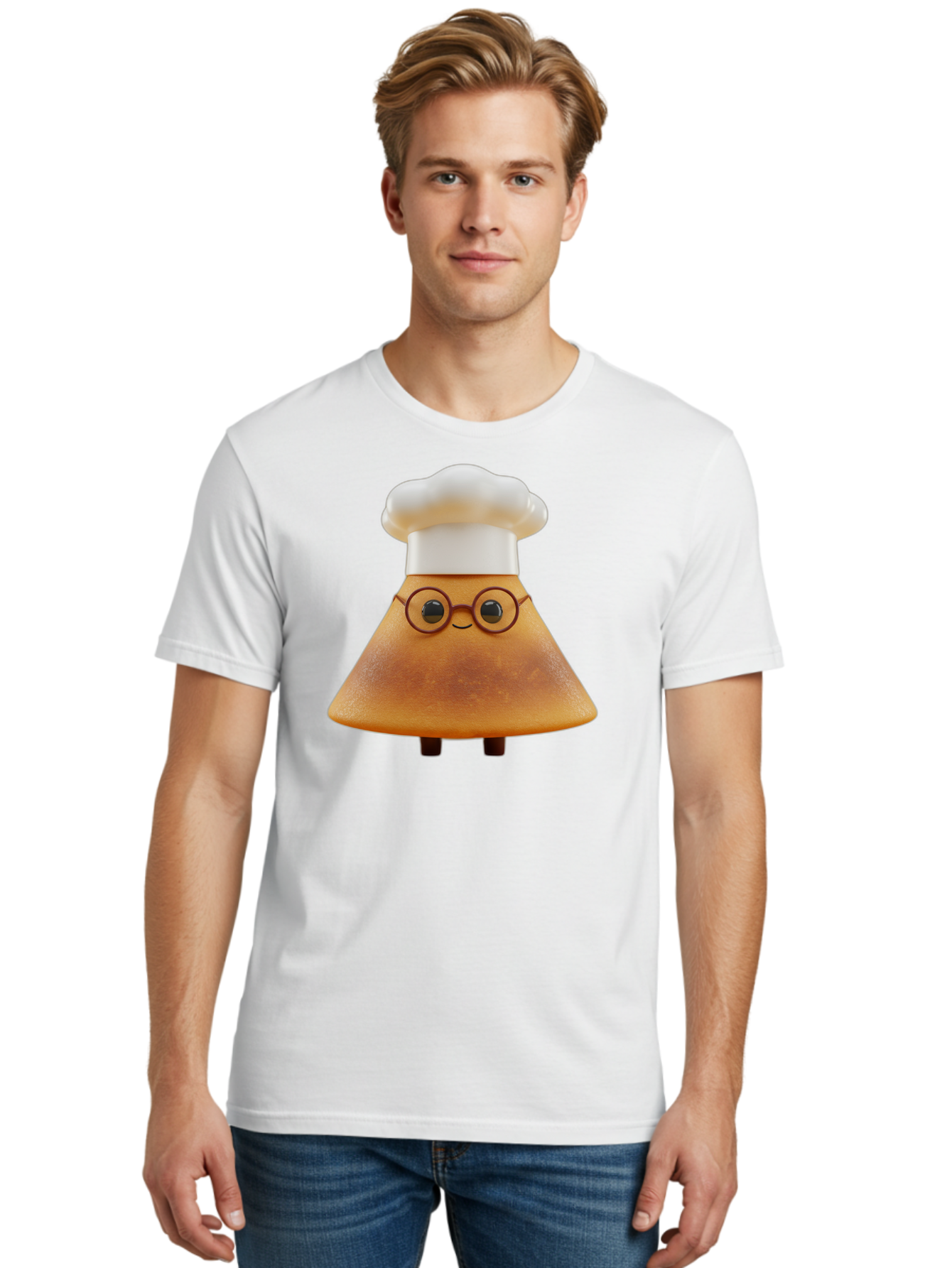 Caramel-Macchiato Men'S Graphic Tee, 100% Cotton, Comfortable Casual Summer Wear, Machine Washable, Cartoon Chef, Triangular Chef, Chef Hat, Round Glasses, Smiling Face, Black Eyes, Chef Character, Kitchen Staff, Cooking, Funny Character, Baa252