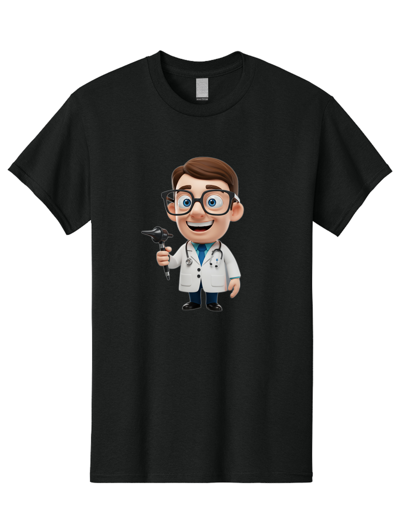 Cartoon-Doctor-1 Men'S Graphic Tee, 100% Cotton, Comfortable Casual Summer Wear, Machine Washable, Cartoon Doctor, Medical Professional, Stethoscope, Otoscope, White Lab Coat, Blue Shirt, Black Glasses, Friendly Smile, Healthcare, Baa255