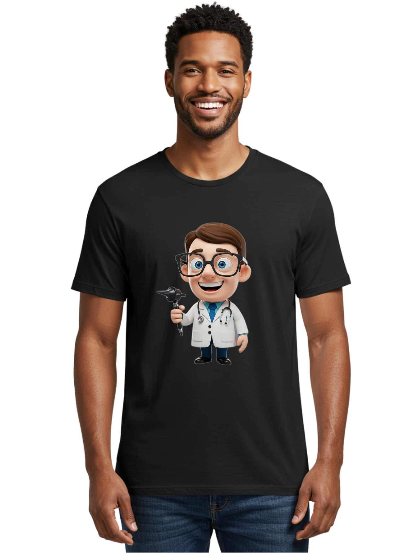 Cartoon-Doctor-1 Men'S Graphic Tee, 100% Cotton, Comfortable Casual Summer Wear, Machine Washable, Cartoon Doctor, Medical Professional, Stethoscope, Otoscope, White Lab Coat, Blue Shirt, Black Glasses, Friendly Smile, Healthcare, Baa255