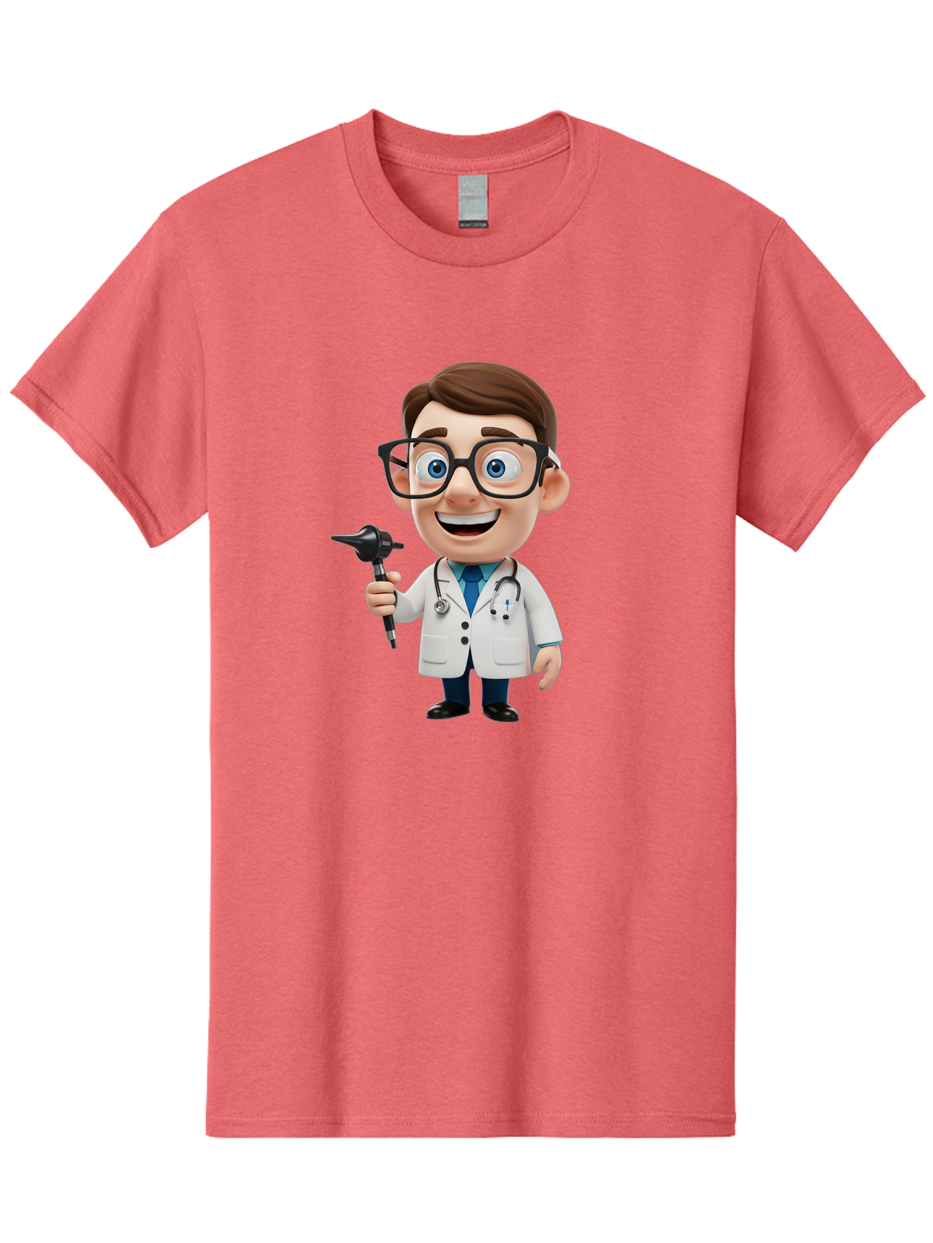 Cartoon-Doctor-1 Men'S Graphic Tee, 100% Cotton, Comfortable Casual Summer Wear, Machine Washable, Cartoon Doctor, Medical Professional, Stethoscope, Otoscope, White Lab Coat, Blue Shirt, Black Glasses, Friendly Smile, Healthcare, Baa255
