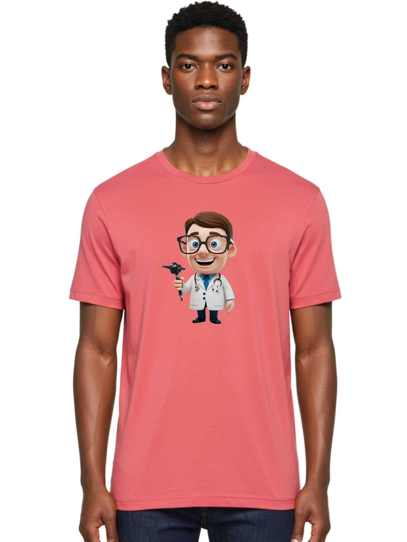 Cartoon-Doctor-1 Men'S Graphic Tee, 100% Cotton, Comfortable Casual Summer Wear, Machine Washable, Cartoon Doctor, Medical Professional, Stethoscope, Otoscope, White Lab Coat, Blue Shirt, Black Glasses, Friendly Smile, Healthcare, Baa255