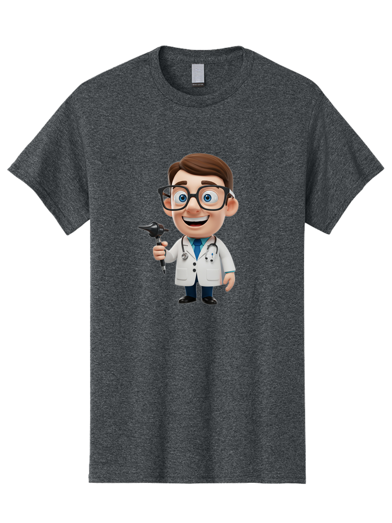 Cartoon-Doctor-1 Men'S Graphic Tee, 100% Cotton, Comfortable Casual Summer Wear, Machine Washable, Cartoon Doctor, Medical Professional, Stethoscope, Otoscope, White Lab Coat, Blue Shirt, Black Glasses, Friendly Smile, Healthcare, Baa255