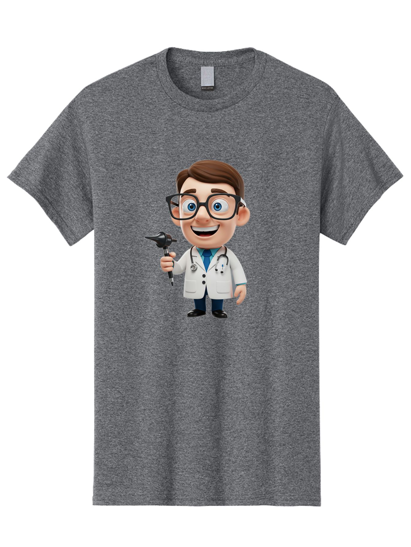 Cartoon-Doctor-1 Men'S Graphic Tee, 100% Cotton, Comfortable Casual Summer Wear, Machine Washable, Cartoon Doctor, Medical Professional, Stethoscope, Otoscope, White Lab Coat, Blue Shirt, Black Glasses, Friendly Smile, Healthcare, Baa255