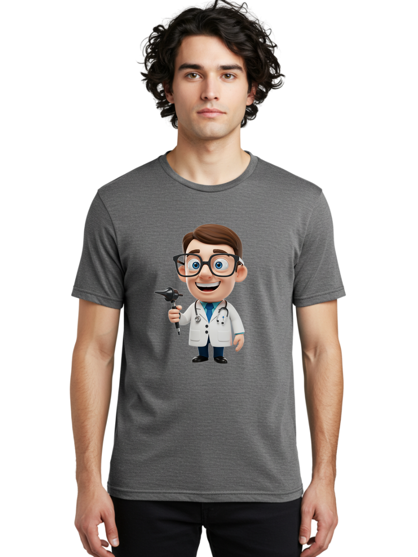 Cartoon-Doctor-1 Men'S Graphic Tee, 100% Cotton, Comfortable Casual Summer Wear, Machine Washable, Cartoon Doctor, Medical Professional, Stethoscope, Otoscope, White Lab Coat, Blue Shirt, Black Glasses, Friendly Smile, Healthcare, Baa255