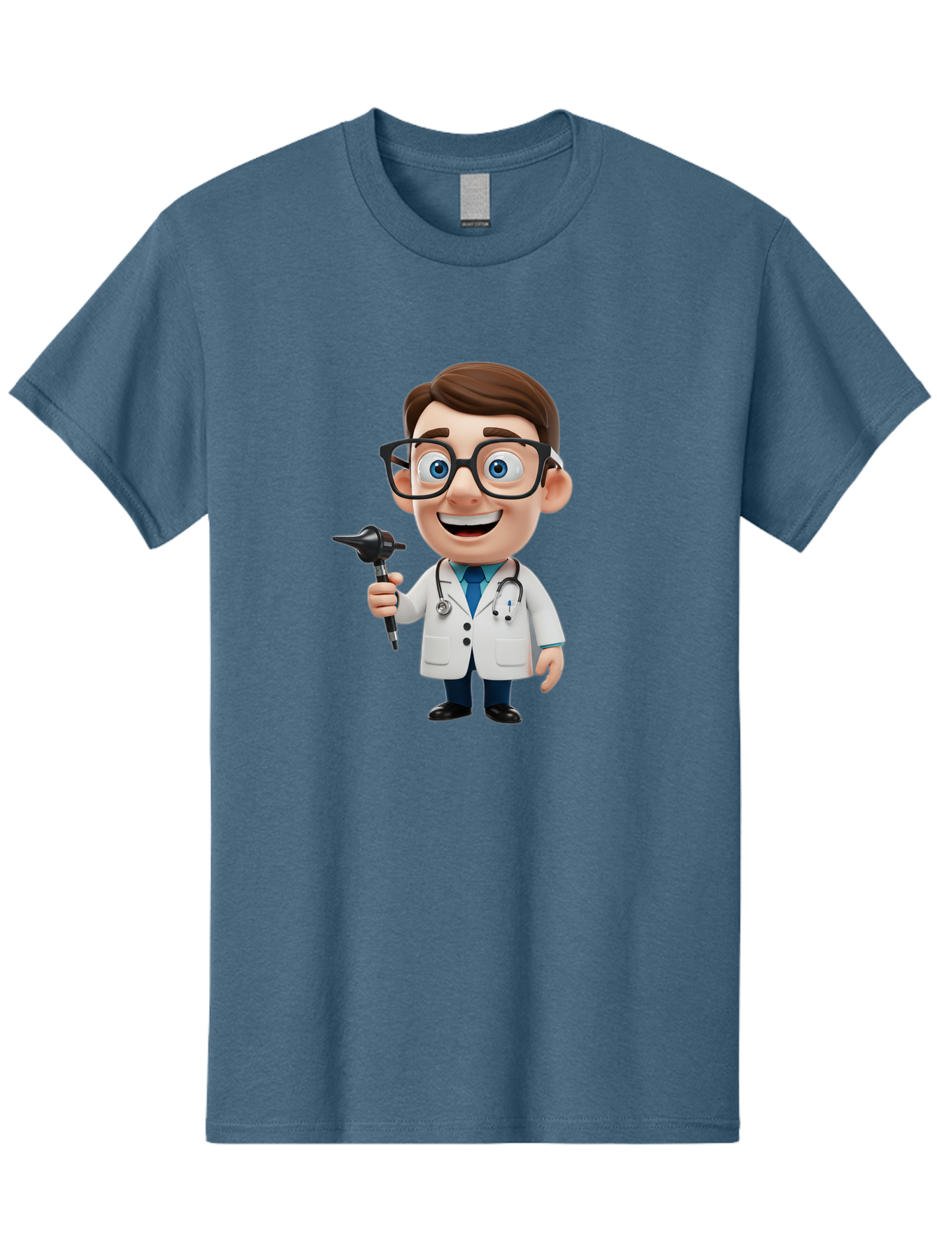 Cartoon-Doctor-1 Men'S Graphic Tee, 100% Cotton, Comfortable Casual Summer Wear, Machine Washable, Cartoon Doctor, Medical Professional, Stethoscope, Otoscope, White Lab Coat, Blue Shirt, Black Glasses, Friendly Smile, Healthcare, Baa255