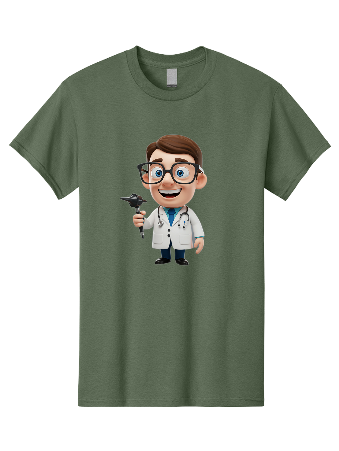 Cartoon-Doctor-1 Men'S Graphic Tee, 100% Cotton, Comfortable Casual Summer Wear, Machine Washable, Cartoon Doctor, Medical Professional, Stethoscope, Otoscope, White Lab Coat, Blue Shirt, Black Glasses, Friendly Smile, Healthcare, Baa255