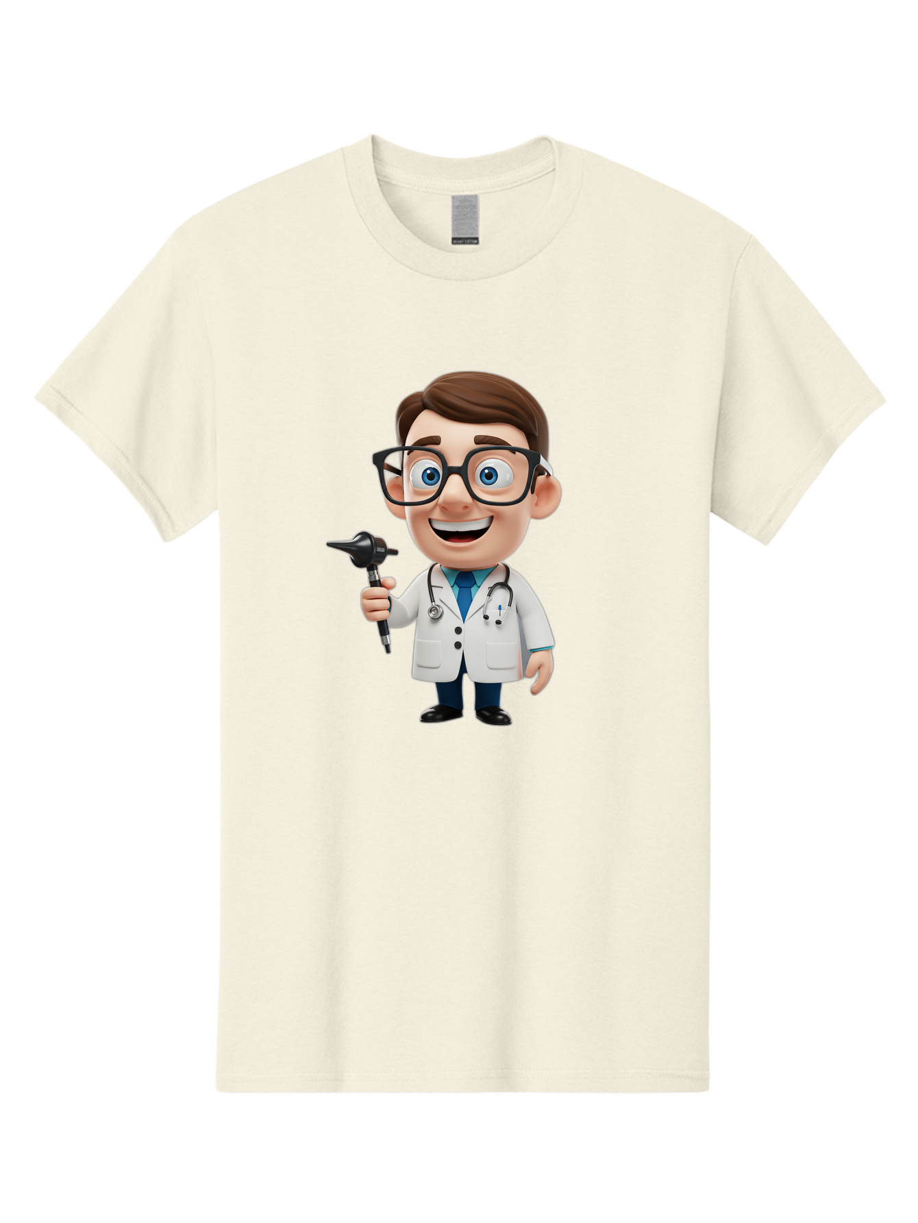 Cartoon-Doctor-1 Men'S Graphic Tee, 100% Cotton, Comfortable Casual Summer Wear, Machine Washable, Cartoon Doctor, Medical Professional, Stethoscope, Otoscope, White Lab Coat, Blue Shirt, Black Glasses, Friendly Smile, Healthcare, Baa255