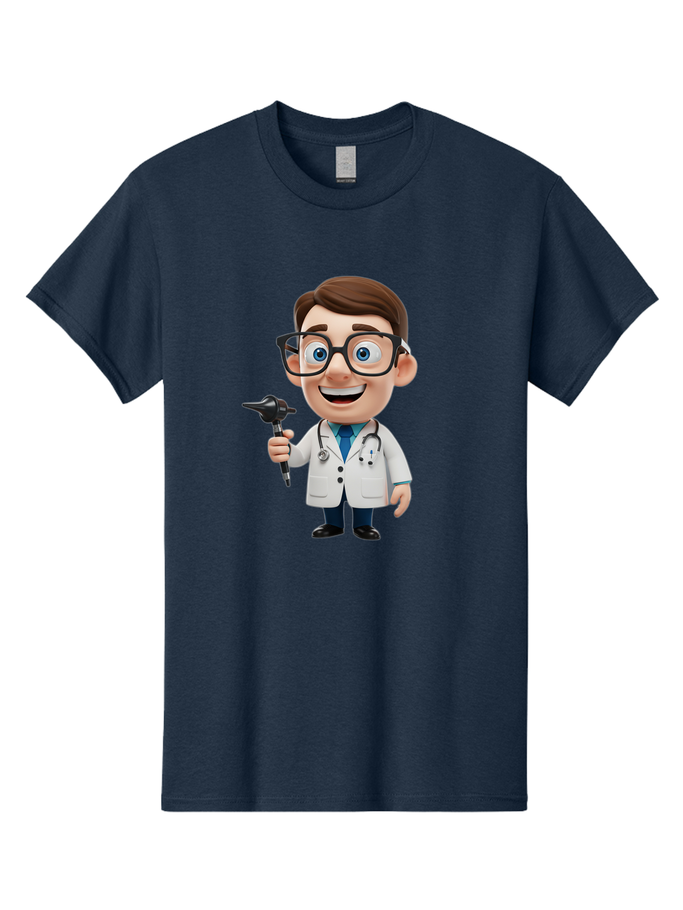 Cartoon-Doctor-1 Men'S Graphic Tee, 100% Cotton, Comfortable Casual Summer Wear, Machine Washable, Cartoon Doctor, Medical Professional, Stethoscope, Otoscope, White Lab Coat, Blue Shirt, Black Glasses, Friendly Smile, Healthcare, Baa255