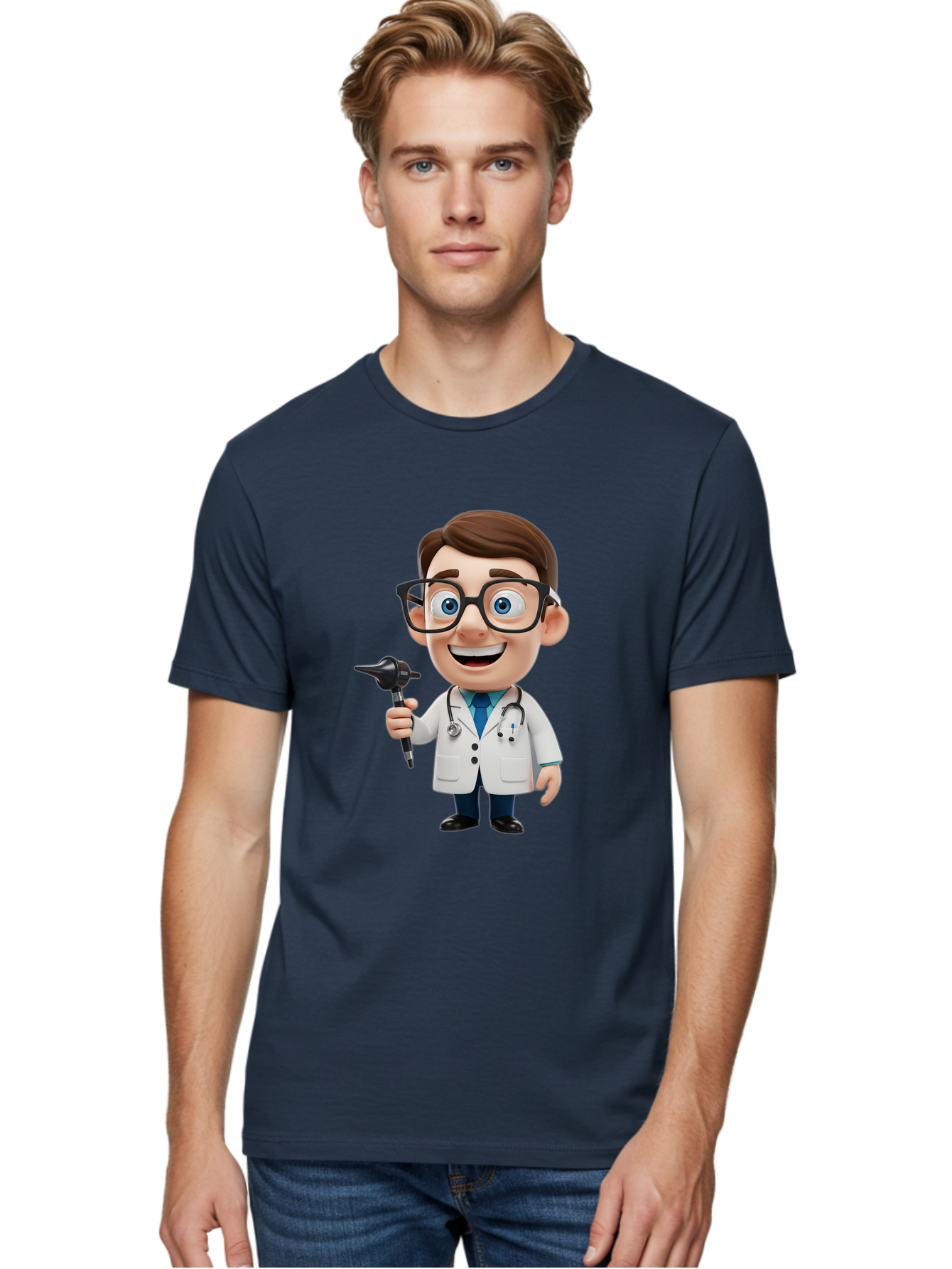 Cartoon-Doctor-1 Men'S Graphic Tee, 100% Cotton, Comfortable Casual Summer Wear, Machine Washable, Cartoon Doctor, Medical Professional, Stethoscope, Otoscope, White Lab Coat, Blue Shirt, Black Glasses, Friendly Smile, Healthcare, Baa255
