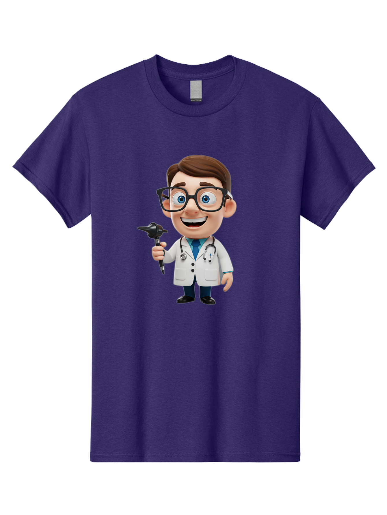 Cartoon-Doctor-1 Men'S Graphic Tee, 100% Cotton, Comfortable Casual Summer Wear, Machine Washable, Cartoon Doctor, Medical Professional, Stethoscope, Otoscope, White Lab Coat, Blue Shirt, Black Glasses, Friendly Smile, Healthcare, Baa255