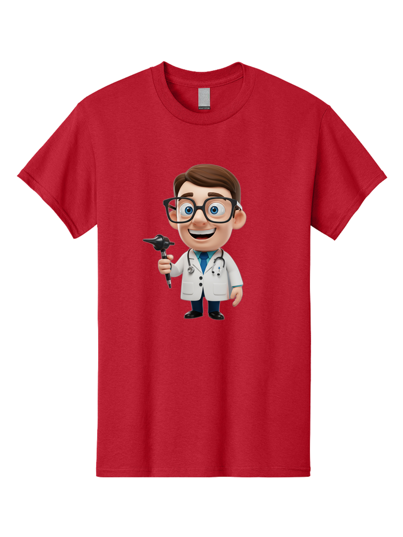 Cartoon-Doctor-1 Men'S Graphic Tee, 100% Cotton, Comfortable Casual Summer Wear, Machine Washable, Cartoon Doctor, Medical Professional, Stethoscope, Otoscope, White Lab Coat, Blue Shirt, Black Glasses, Friendly Smile, Healthcare, Baa255