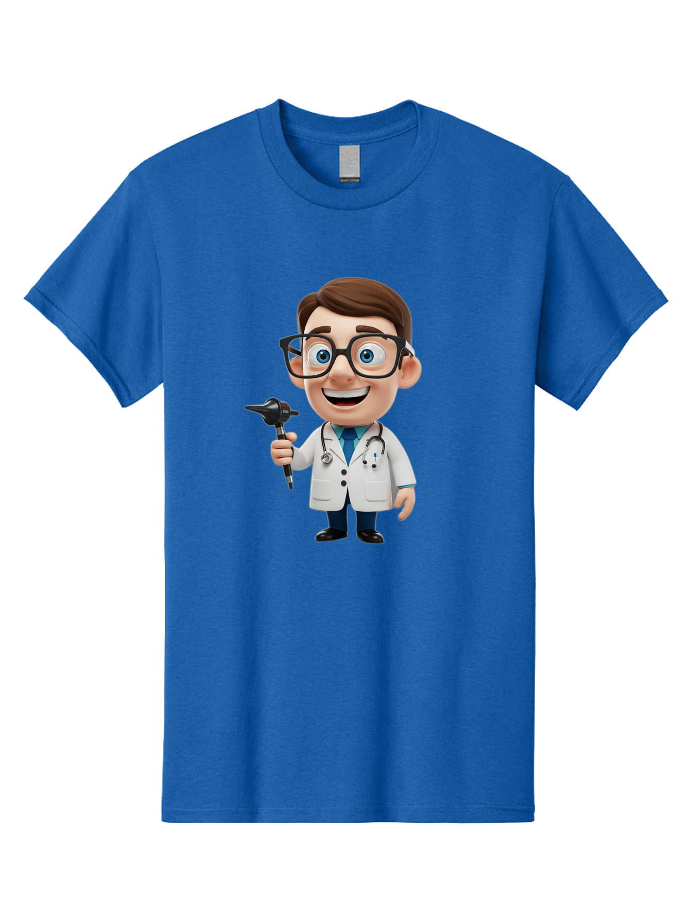 Cartoon-Doctor-1 Men'S Graphic Tee, 100% Cotton, Comfortable Casual Summer Wear, Machine Washable, Cartoon Doctor, Medical Professional, Stethoscope, Otoscope, White Lab Coat, Blue Shirt, Black Glasses, Friendly Smile, Healthcare, Baa255