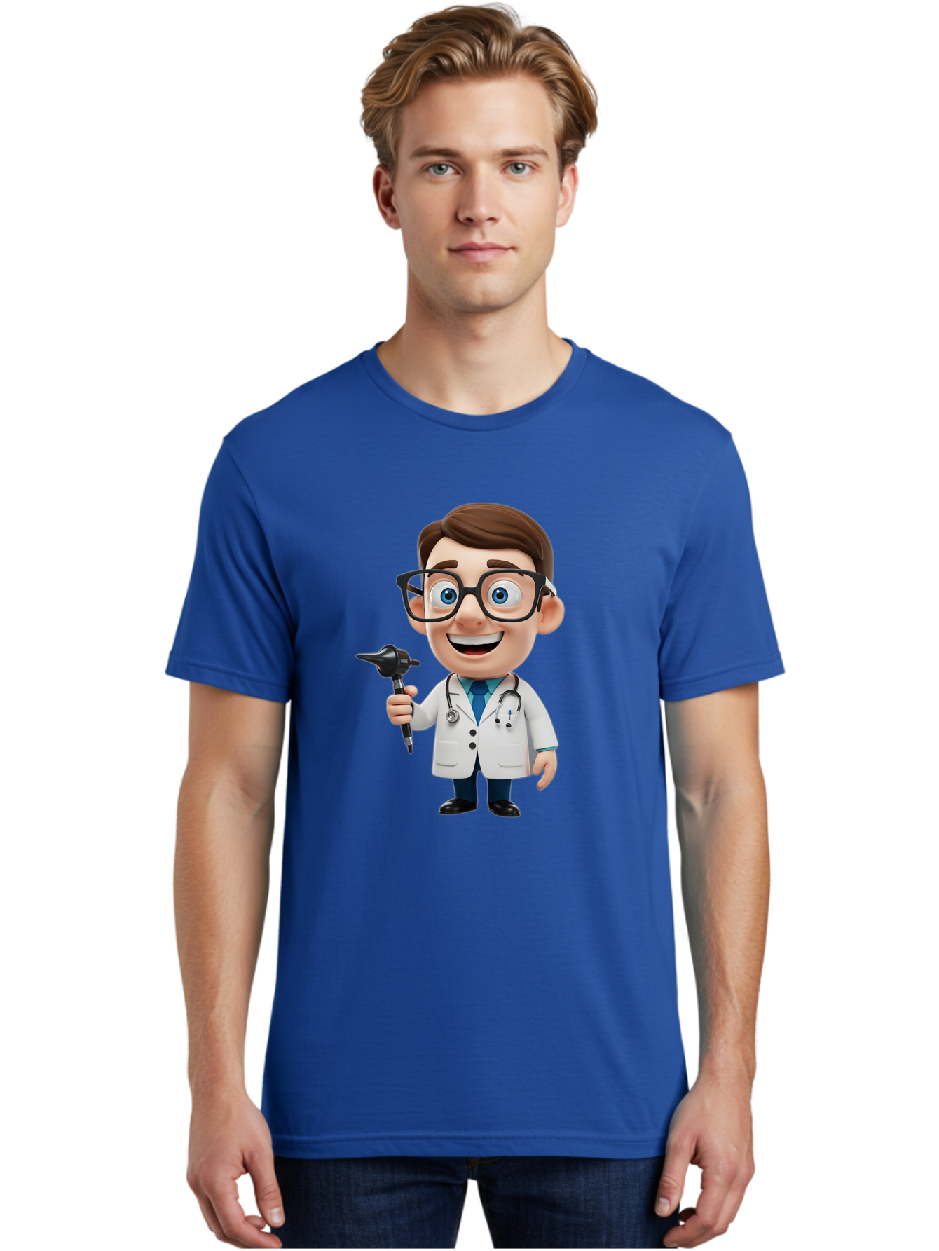 Cartoon-Doctor-1 Men'S Graphic Tee, 100% Cotton, Comfortable Casual Summer Wear, Machine Washable, Cartoon Doctor, Medical Professional, Stethoscope, Otoscope, White Lab Coat, Blue Shirt, Black Glasses, Friendly Smile, Healthcare, Baa255