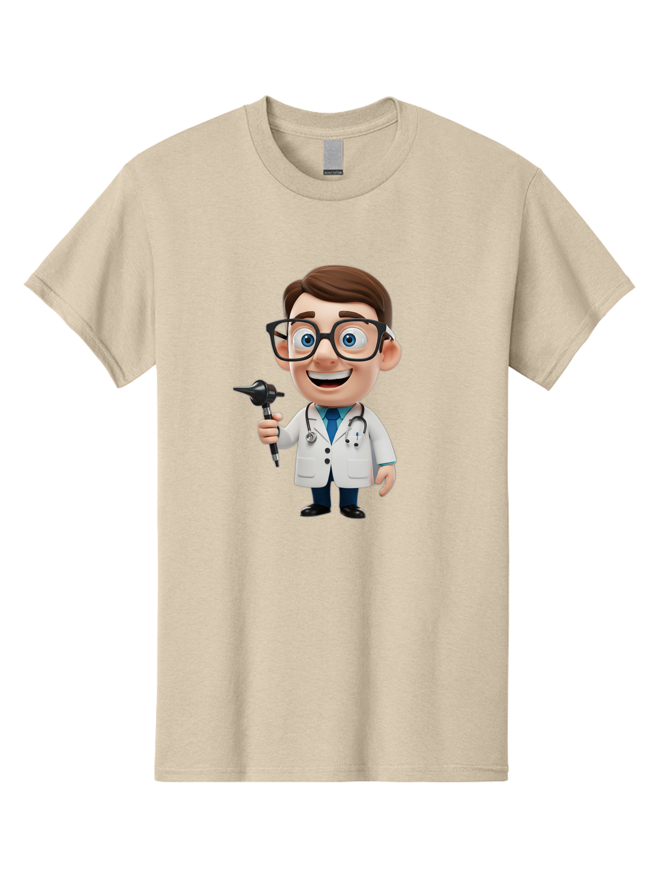 Cartoon-Doctor-1 Men'S Graphic Tee, 100% Cotton, Comfortable Casual Summer Wear, Machine Washable, Cartoon Doctor, Medical Professional, Stethoscope, Otoscope, White Lab Coat, Blue Shirt, Black Glasses, Friendly Smile, Healthcare, Baa255