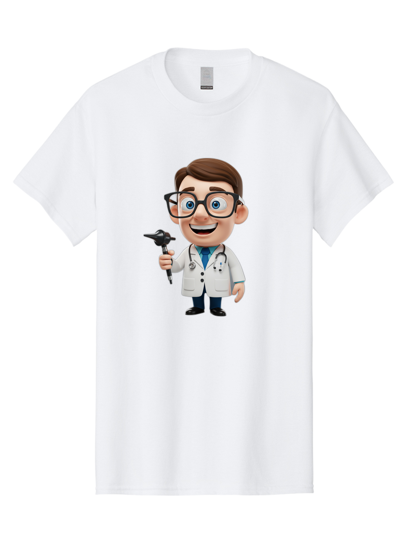 Cartoon-Doctor-1 Men'S Graphic Tee, 100% Cotton, Comfortable Casual Summer Wear, Machine Washable, Cartoon Doctor, Medical Professional, Stethoscope, Otoscope, White Lab Coat, Blue Shirt, Black Glasses, Friendly Smile, Healthcare, Baa255