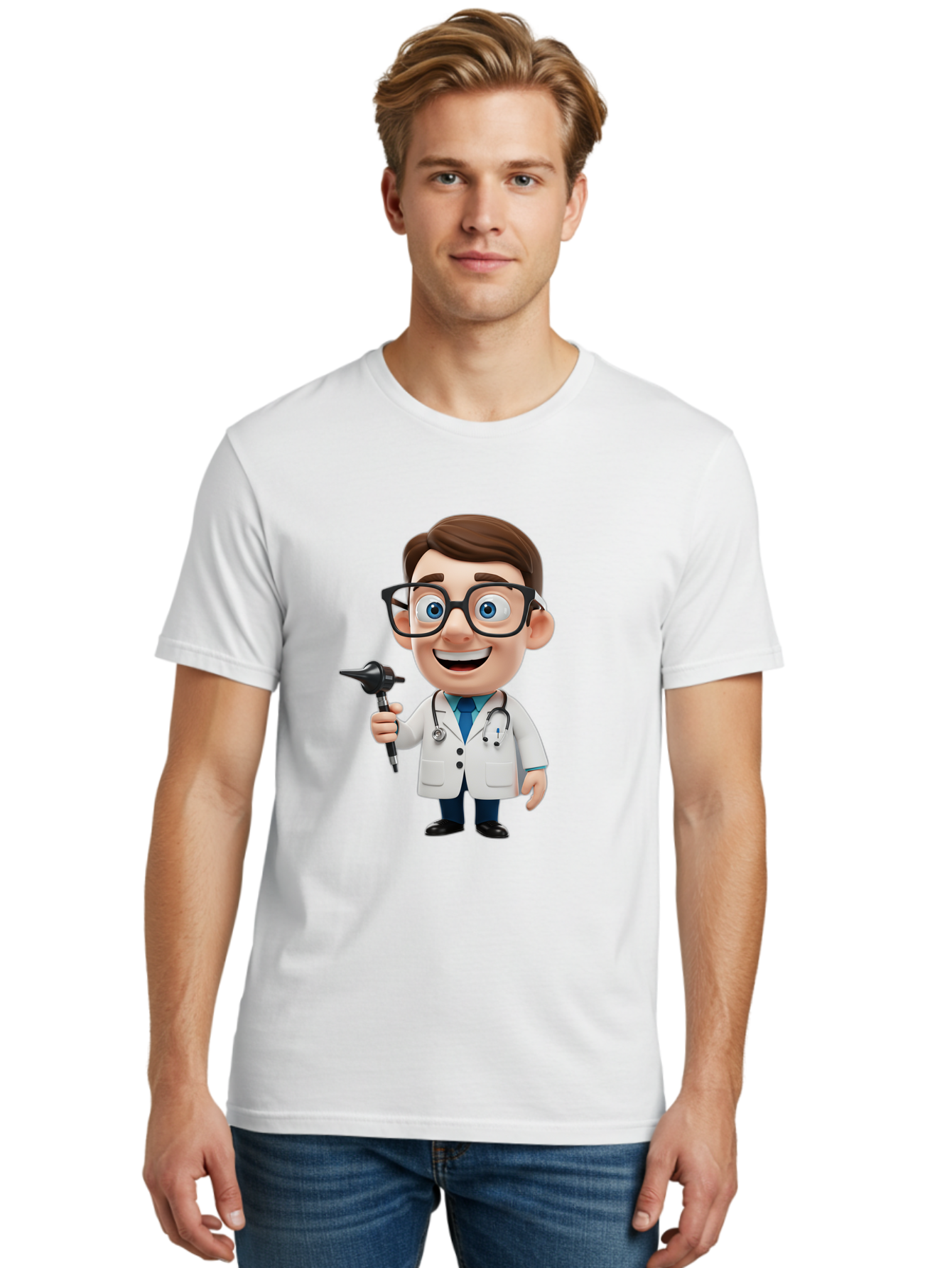 Cartoon-Doctor-1 Men'S Graphic Tee, 100% Cotton, Comfortable Casual Summer Wear, Machine Washable, Cartoon Doctor, Medical Professional, Stethoscope, Otoscope, White Lab Coat, Blue Shirt, Black Glasses, Friendly Smile, Healthcare, Baa255