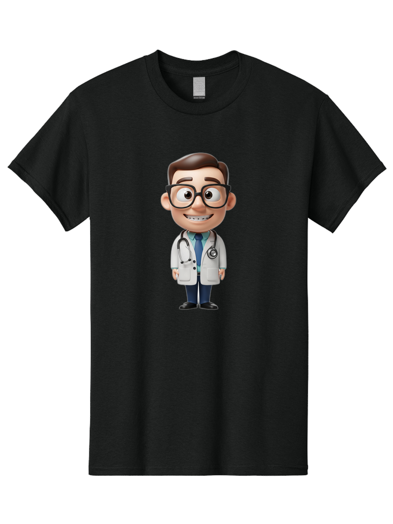 Cartoon-Doctor Men'S Graphic Tee, 100% Cotton, Comfortable Casual Summer Wear, Machine Washable, Cartoon Doctor, 3D Character, Medical Professional, Stethoscope Around Neck, White Lab Coat, Blue Tie, Black Glasses, Friendly Smile, Baa256