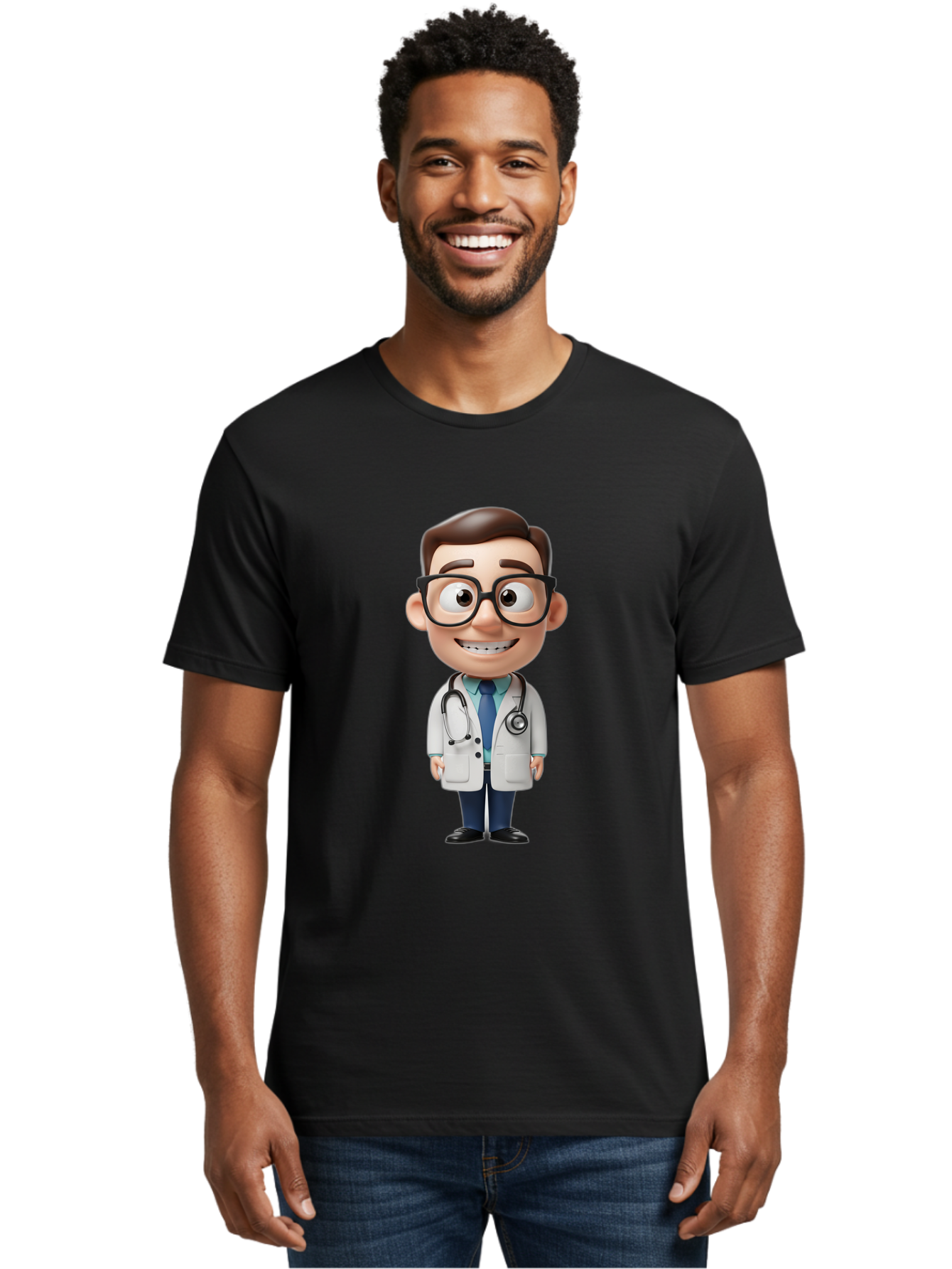 Cartoon-Doctor Men'S Graphic Tee, 100% Cotton, Comfortable Casual Summer Wear, Machine Washable, Cartoon Doctor, 3D Character, Medical Professional, Stethoscope Around Neck, White Lab Coat, Blue Tie, Black Glasses, Friendly Smile, Baa256