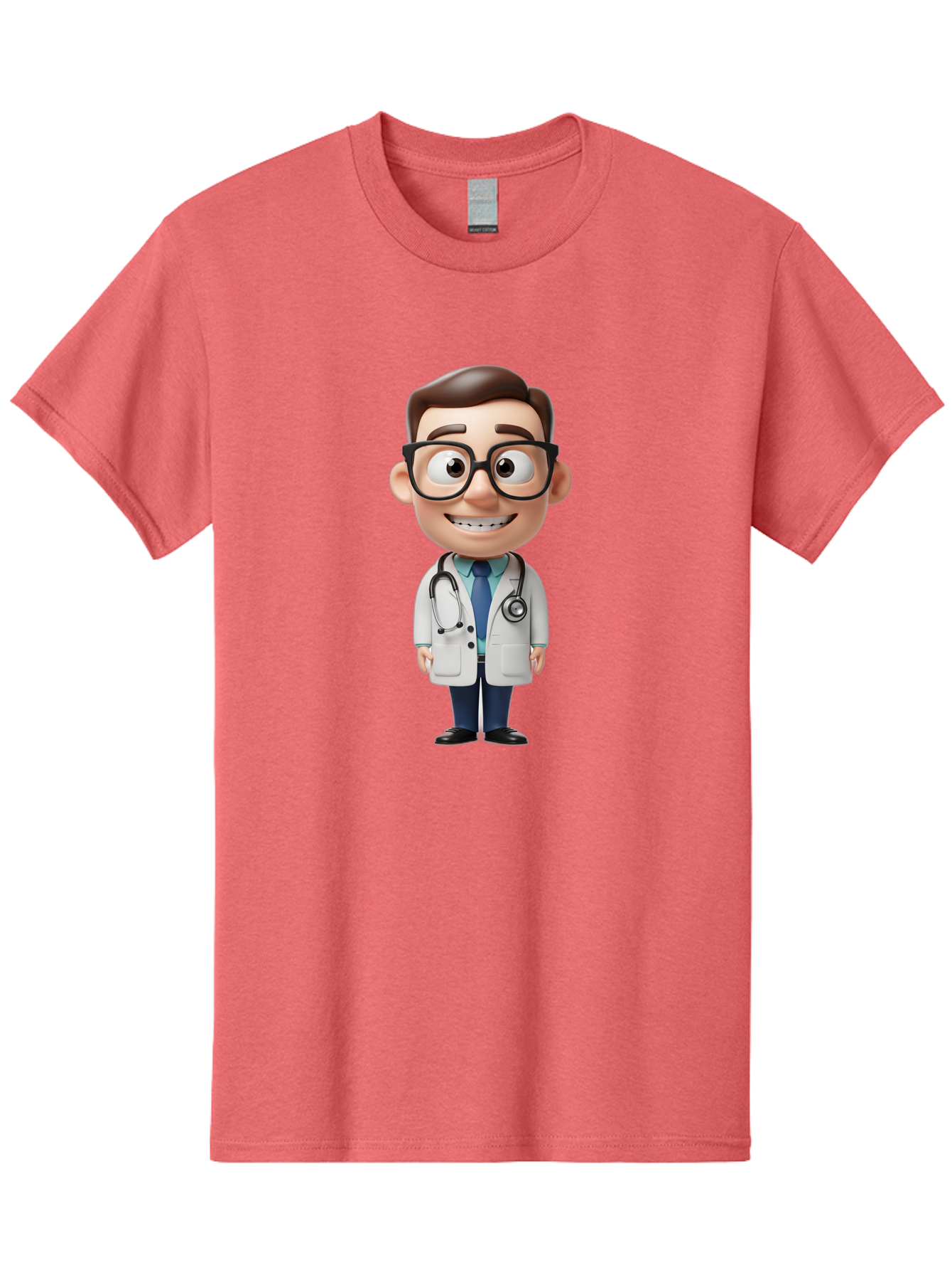 Cartoon-Doctor Men'S Graphic Tee, 100% Cotton, Comfortable Casual Summer Wear, Machine Washable, Cartoon Doctor, 3D Character, Medical Professional, Stethoscope Around Neck, White Lab Coat, Blue Tie, Black Glasses, Friendly Smile, Baa256