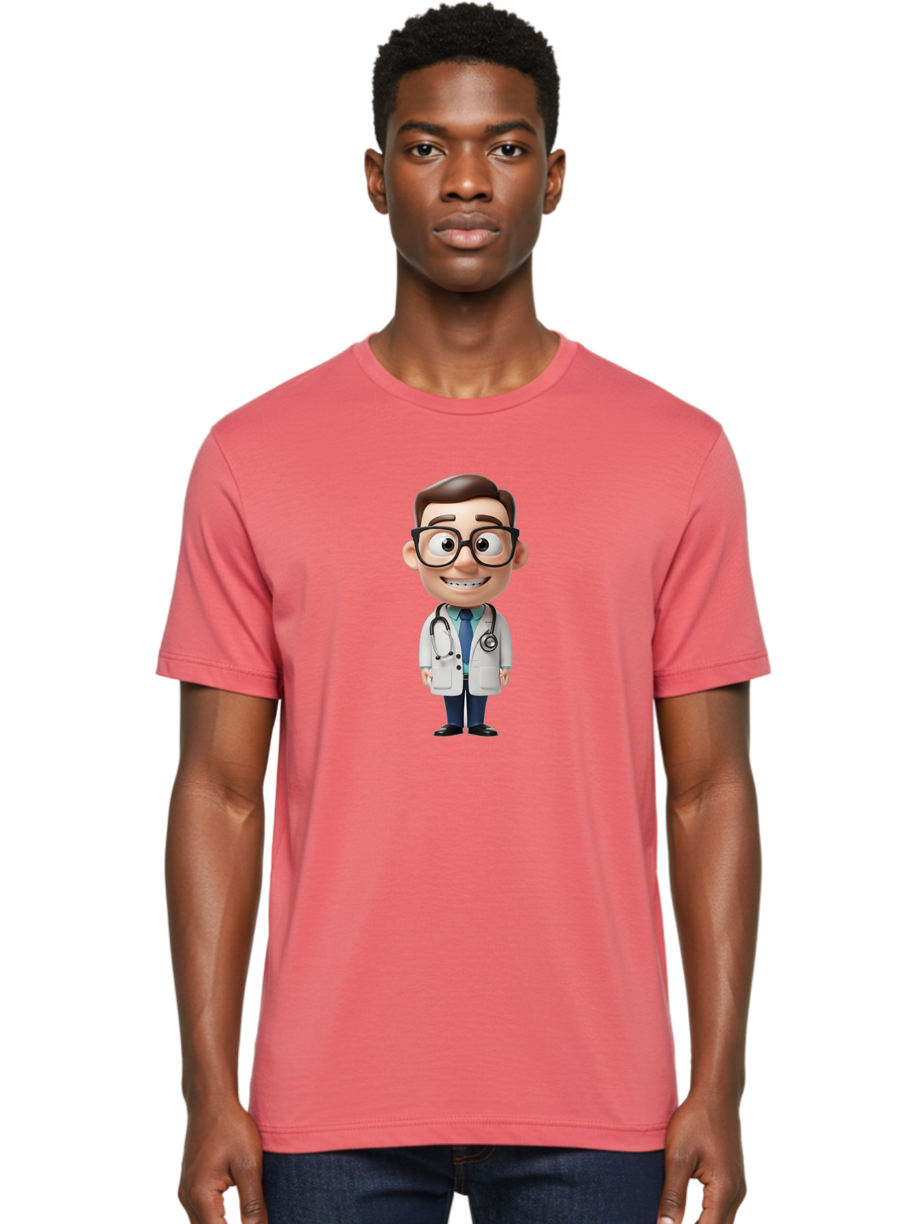 Cartoon-Doctor Men'S Graphic Tee, 100% Cotton, Comfortable Casual Summer Wear, Machine Washable, Cartoon Doctor, 3D Character, Medical Professional, Stethoscope Around Neck, White Lab Coat, Blue Tie, Black Glasses, Friendly Smile, Baa256