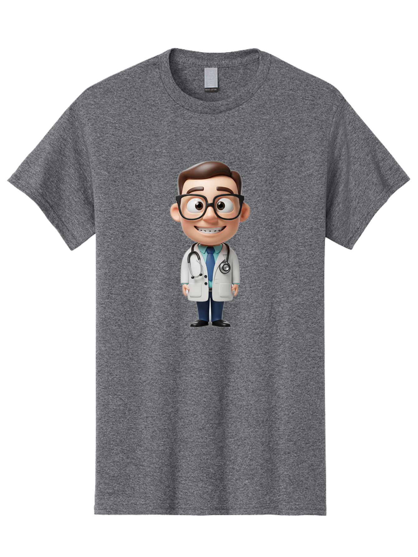 Cartoon-Doctor Men'S Graphic Tee, 100% Cotton, Comfortable Casual Summer Wear, Machine Washable, Cartoon Doctor, 3D Character, Medical Professional, Stethoscope Around Neck, White Lab Coat, Blue Tie, Black Glasses, Friendly Smile, Baa256