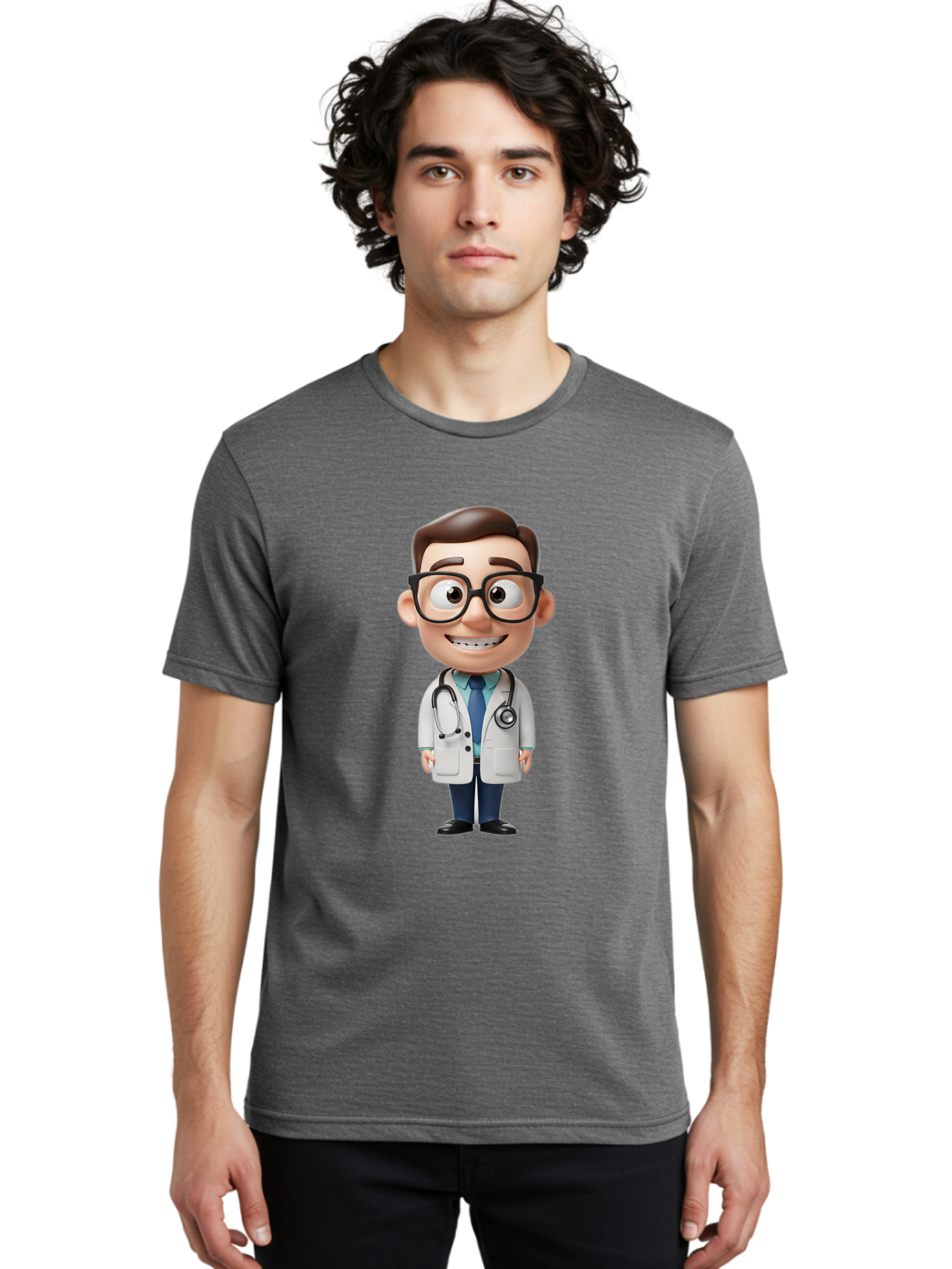 Cartoon-Doctor Men'S Graphic Tee, 100% Cotton, Comfortable Casual Summer Wear, Machine Washable, Cartoon Doctor, 3D Character, Medical Professional, Stethoscope Around Neck, White Lab Coat, Blue Tie, Black Glasses, Friendly Smile, Baa256