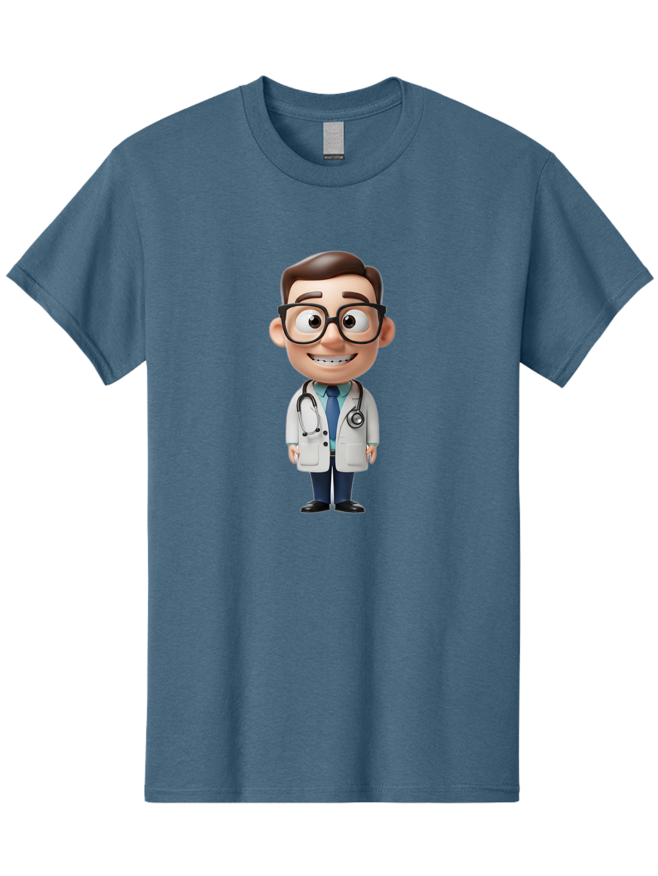 Cartoon-Doctor Men'S Graphic Tee, 100% Cotton, Comfortable Casual Summer Wear, Machine Washable, Cartoon Doctor, 3D Character, Medical Professional, Stethoscope Around Neck, White Lab Coat, Blue Tie, Black Glasses, Friendly Smile, Baa256