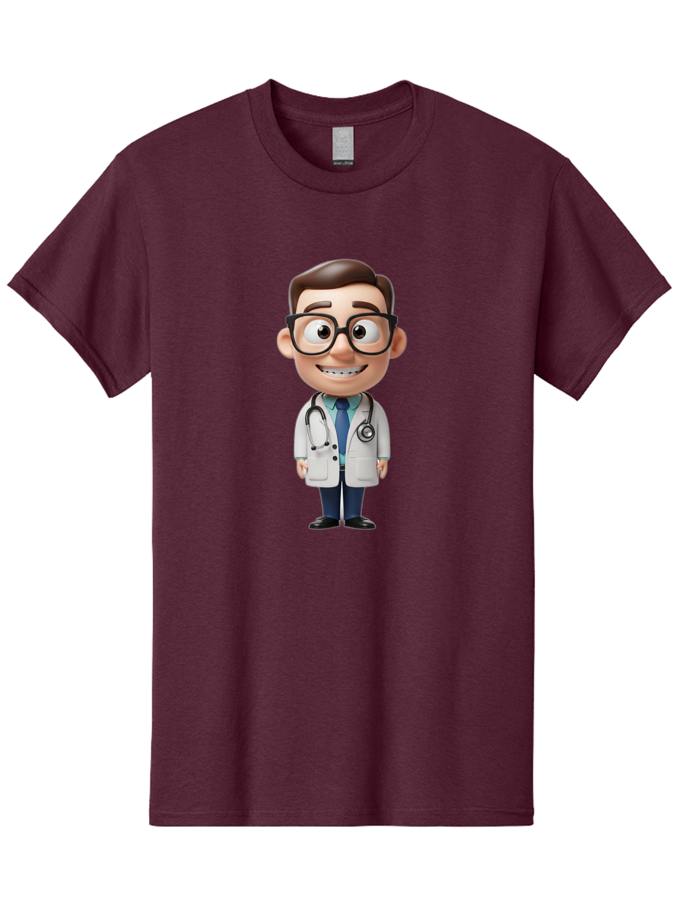 Cartoon-Doctor Men'S Graphic Tee, 100% Cotton, Comfortable Casual Summer Wear, Machine Washable, Cartoon Doctor, 3D Character, Medical Professional, Stethoscope Around Neck, White Lab Coat, Blue Tie, Black Glasses, Friendly Smile, Baa256