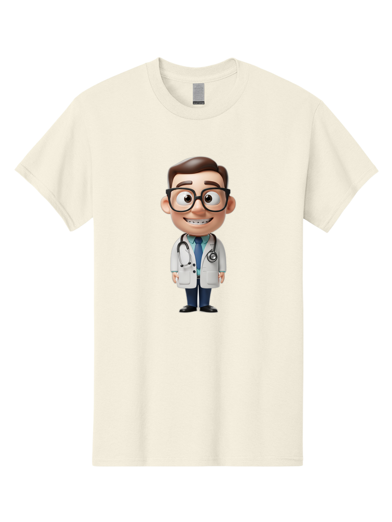Cartoon-Doctor Men'S Graphic Tee, 100% Cotton, Comfortable Casual Summer Wear, Machine Washable, Cartoon Doctor, 3D Character, Medical Professional, Stethoscope Around Neck, White Lab Coat, Blue Tie, Black Glasses, Friendly Smile, Baa256