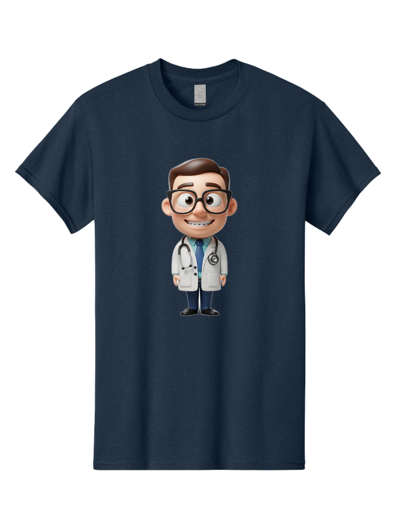 Cartoon-Doctor Men'S Graphic Tee, 100% Cotton, Comfortable Casual Summer Wear, Machine Washable, Cartoon Doctor, 3D Character, Medical Professional, Stethoscope Around Neck, White Lab Coat, Blue Tie, Black Glasses, Friendly Smile, Baa256