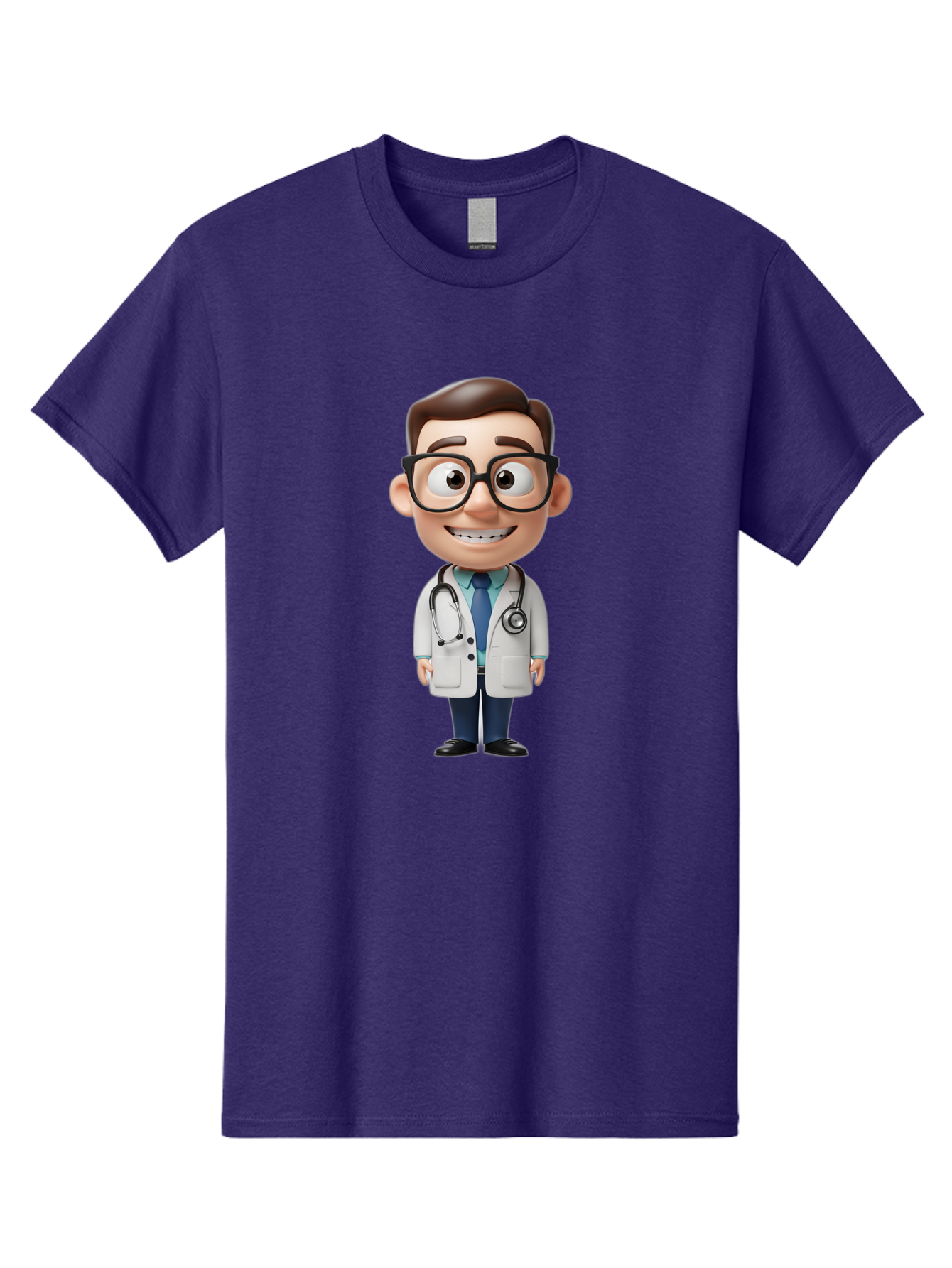 Cartoon-Doctor Men'S Graphic Tee, 100% Cotton, Comfortable Casual Summer Wear, Machine Washable, Cartoon Doctor, 3D Character, Medical Professional, Stethoscope Around Neck, White Lab Coat, Blue Tie, Black Glasses, Friendly Smile, Baa256