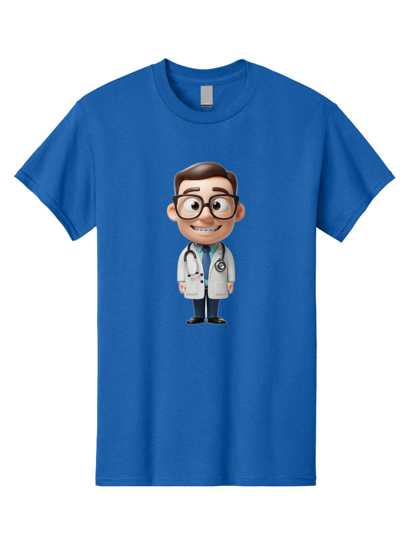 Cartoon-Doctor Men'S Graphic Tee, 100% Cotton, Comfortable Casual Summer Wear, Machine Washable, Cartoon Doctor, 3D Character, Medical Professional, Stethoscope Around Neck, White Lab Coat, Blue Tie, Black Glasses, Friendly Smile, Baa256