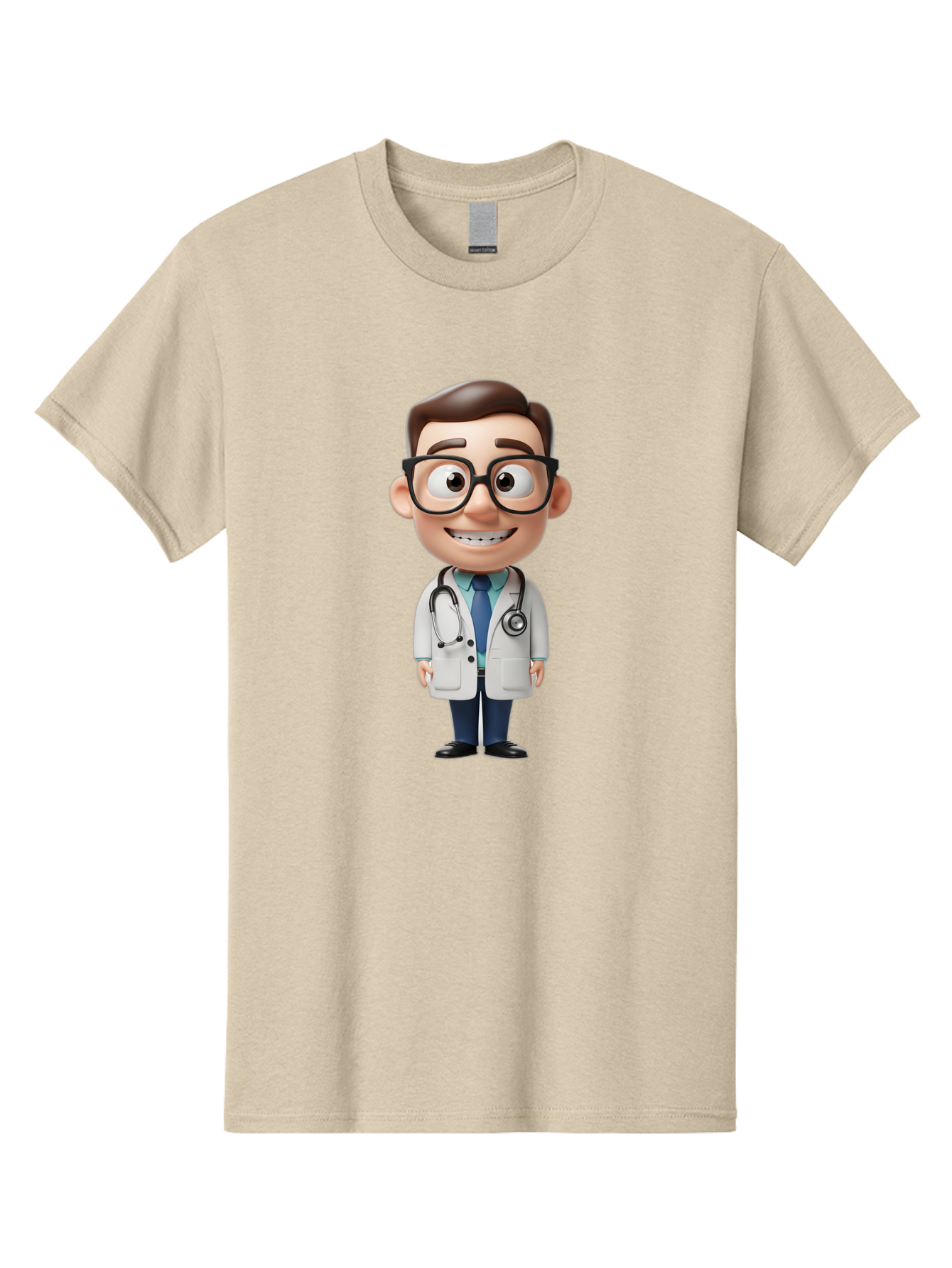 Cartoon-Doctor Men'S Graphic Tee, 100% Cotton, Comfortable Casual Summer Wear, Machine Washable, Cartoon Doctor, 3D Character, Medical Professional, Stethoscope Around Neck, White Lab Coat, Blue Tie, Black Glasses, Friendly Smile, Baa256