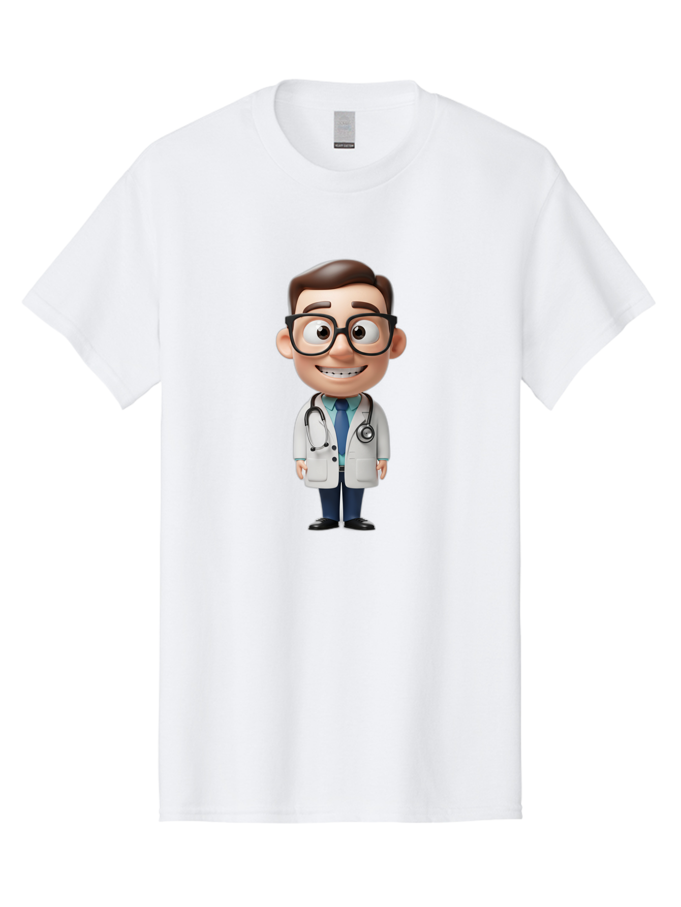 Cartoon-Doctor Men'S Graphic Tee, 100% Cotton, Comfortable Casual Summer Wear, Machine Washable, Cartoon Doctor, 3D Character, Medical Professional, Stethoscope Around Neck, White Lab Coat, Blue Tie, Black Glasses, Friendly Smile, Baa256