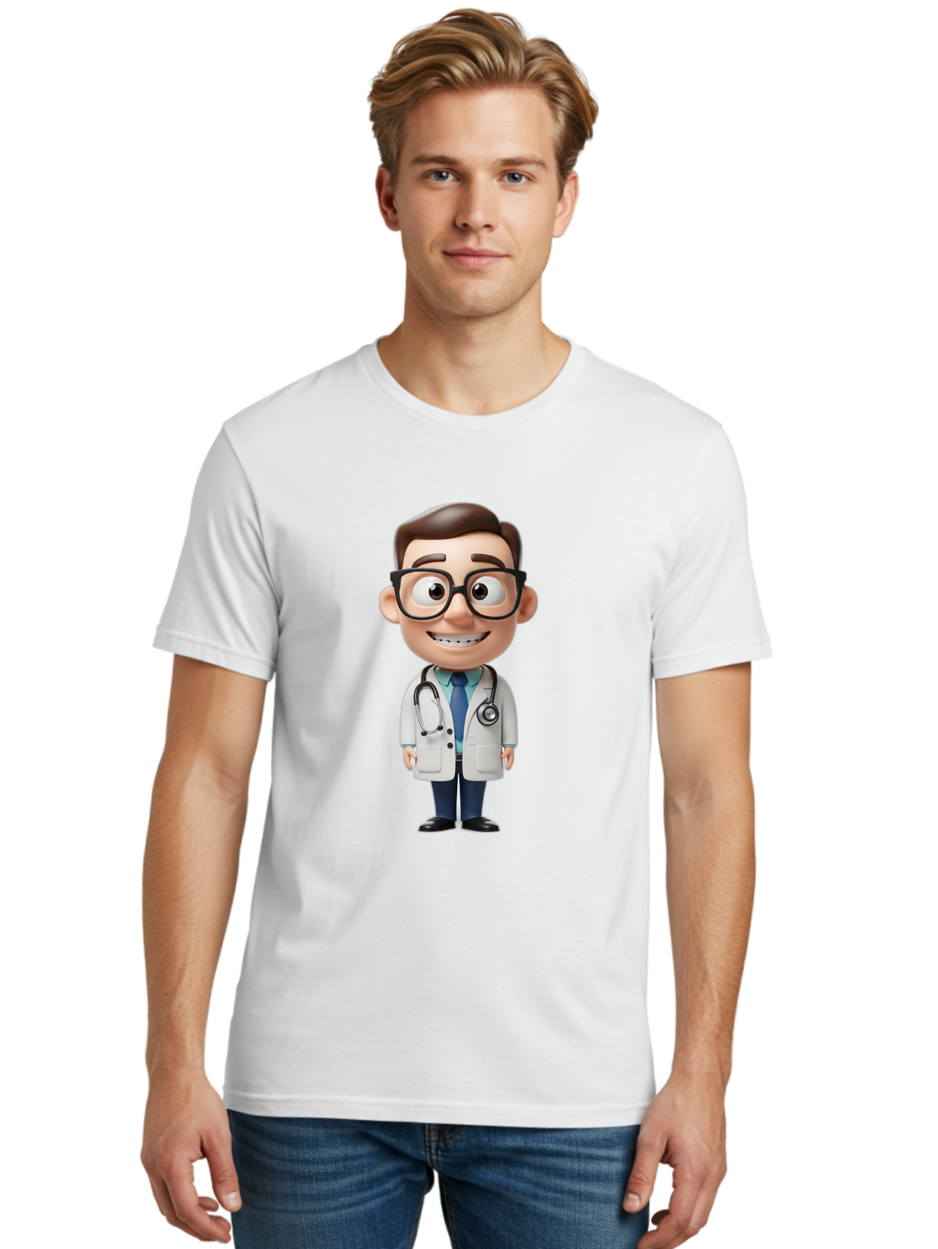 Cartoon-Doctor Men'S Graphic Tee, 100% Cotton, Comfortable Casual Summer Wear, Machine Washable, Cartoon Doctor, 3D Character, Medical Professional, Stethoscope Around Neck, White Lab Coat, Blue Tie, Black Glasses, Friendly Smile, Baa256