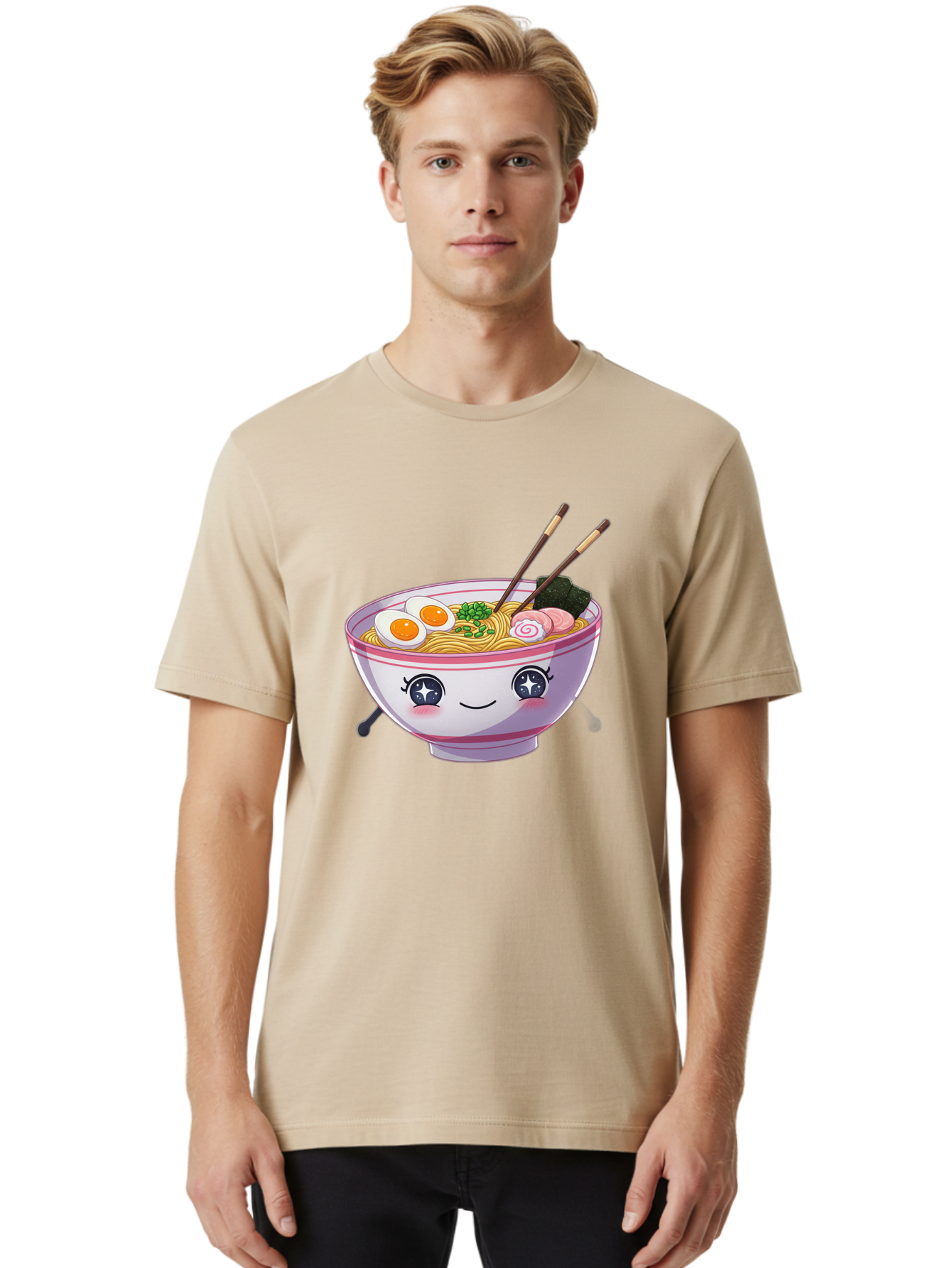 Cartoon-Ramen Men'S Graphic Tee, 100% Cotton, Comfortable Casual Summer Wear, Machine Washable, Kawaii Ramen Bowl, Cartoon Noodle Soup, Adorable Bowl, Ramen Noodles, Boiled Egg, Seaweed, Chopsticks, Cute Character, Japanese Food, Anime Style, Baa257
