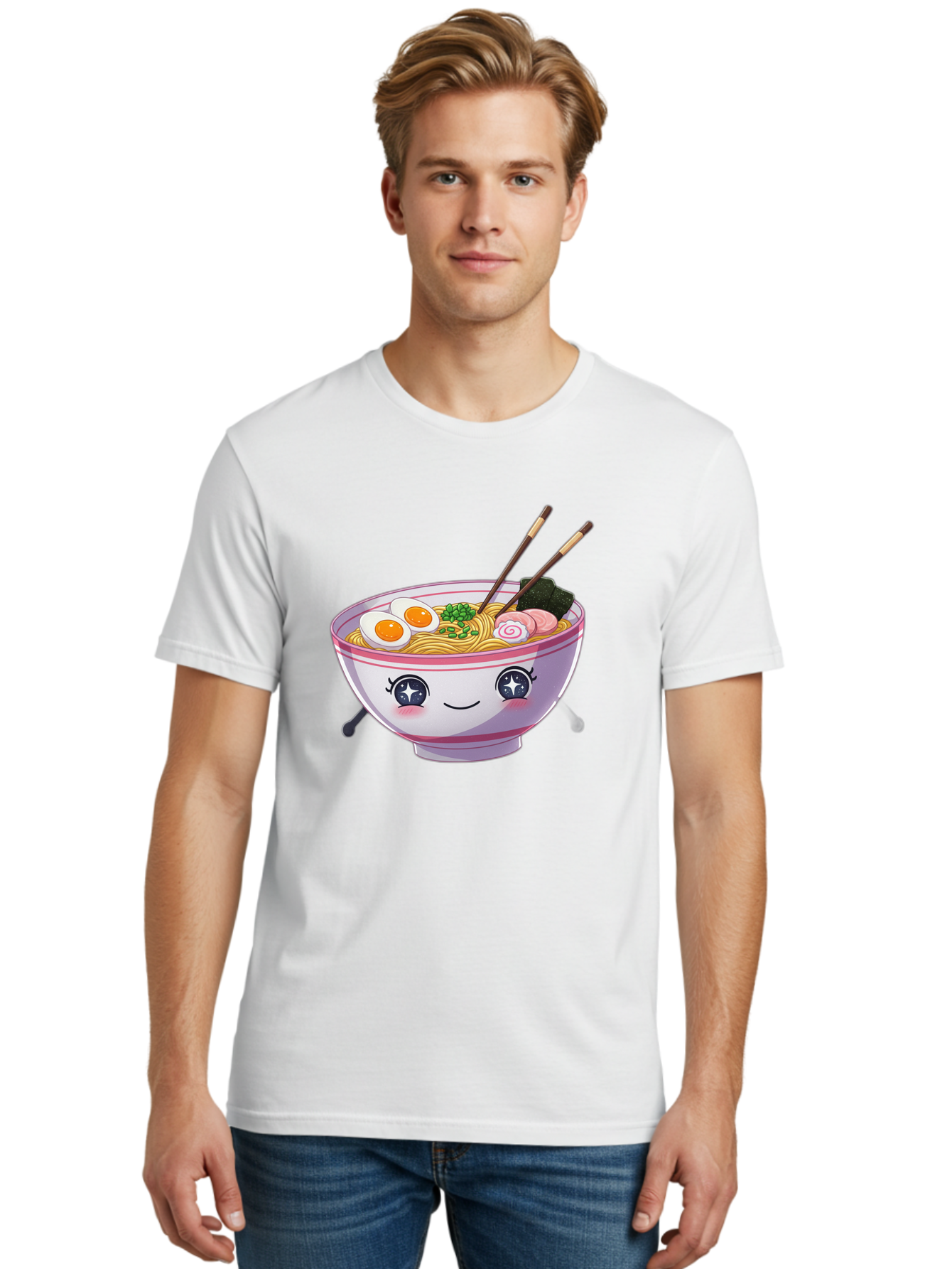 Cartoon-Ramen Men'S Graphic Tee, 100% Cotton, Comfortable Casual Summer Wear, Machine Washable, Kawaii Ramen Bowl, Cartoon Noodle Soup, Adorable Bowl, Ramen Noodles, Boiled Egg, Seaweed, Chopsticks, Cute Character, Japanese Food, Anime Style, Baa257