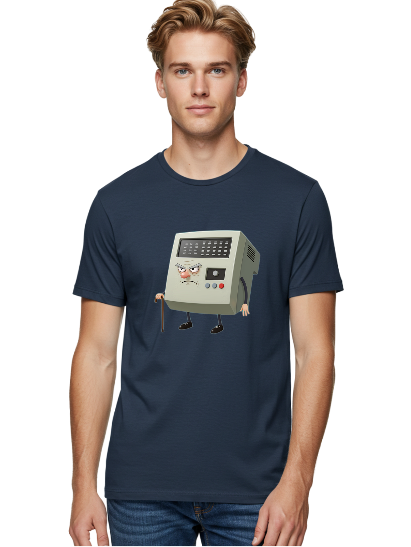 Cash-Register-Character Men'S Graphic Tee, 100% Cotton, Comfortable Casual Summer Wear, Machine Washable, Cash Register With Human-Like Face, Grumpy Expression, Vintage Style, Retro Aesthetic, Cartoon Character, Old-Fashioned Technology, Baa258
