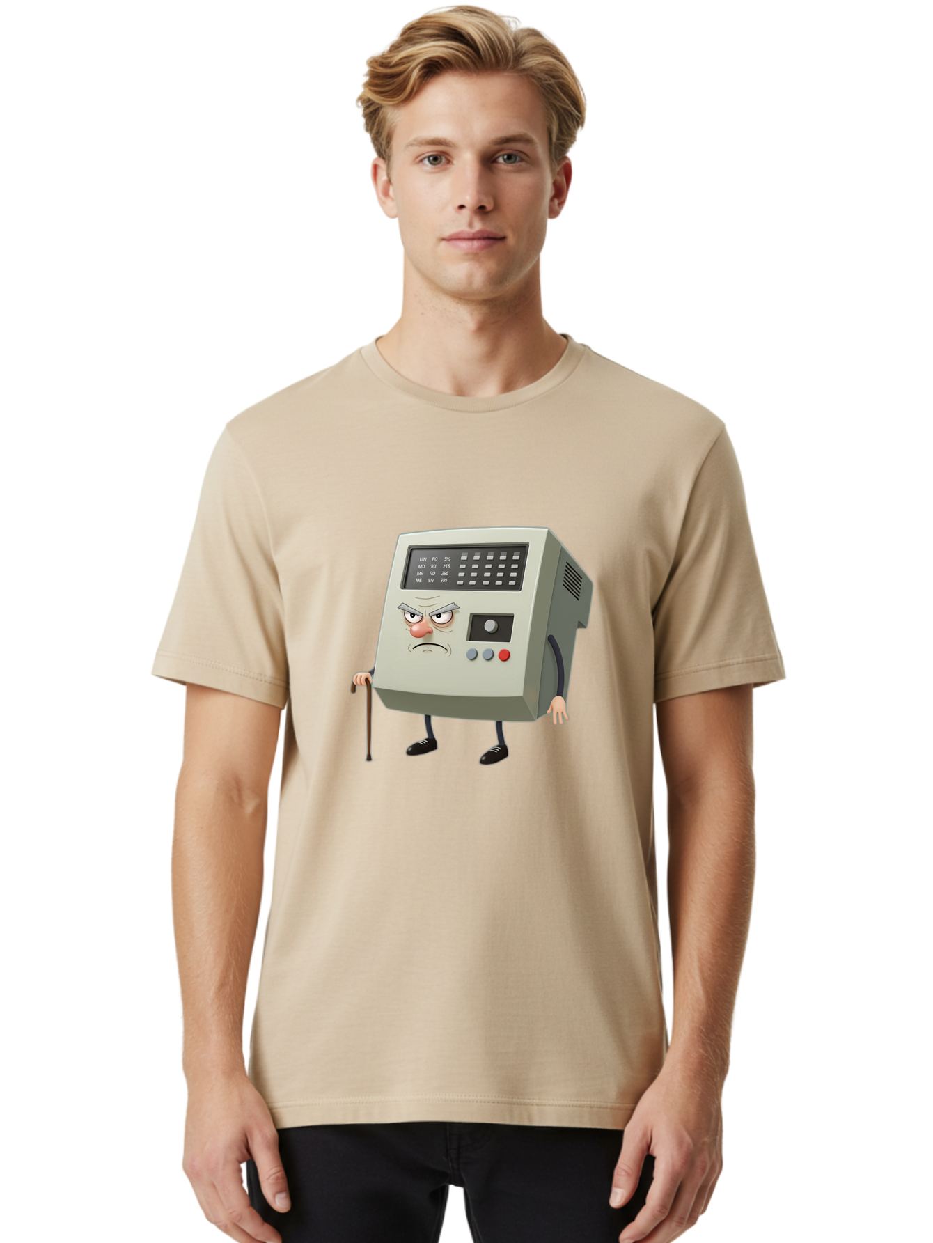 Cash-Register-Character Men'S Graphic Tee, 100% Cotton, Comfortable Casual Summer Wear, Machine Washable, Cash Register With Human-Like Face, Grumpy Expression, Vintage Style, Retro Aesthetic, Cartoon Character, Old-Fashioned Technology, Baa258