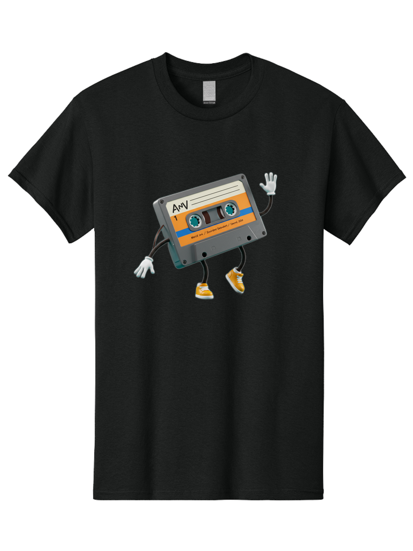Cassette-Tape-1 Men'S Graphic Tee, 100% Cotton, Comfortable Casual Summer Wear, Machine Washable, Cartoon Cassette Tape, Anthropomorphic Character, Retro Music, Orange Sneakers, Waving Gesture, Fun Design, Nostalgic Vibe, Playful Illustration, Baa259