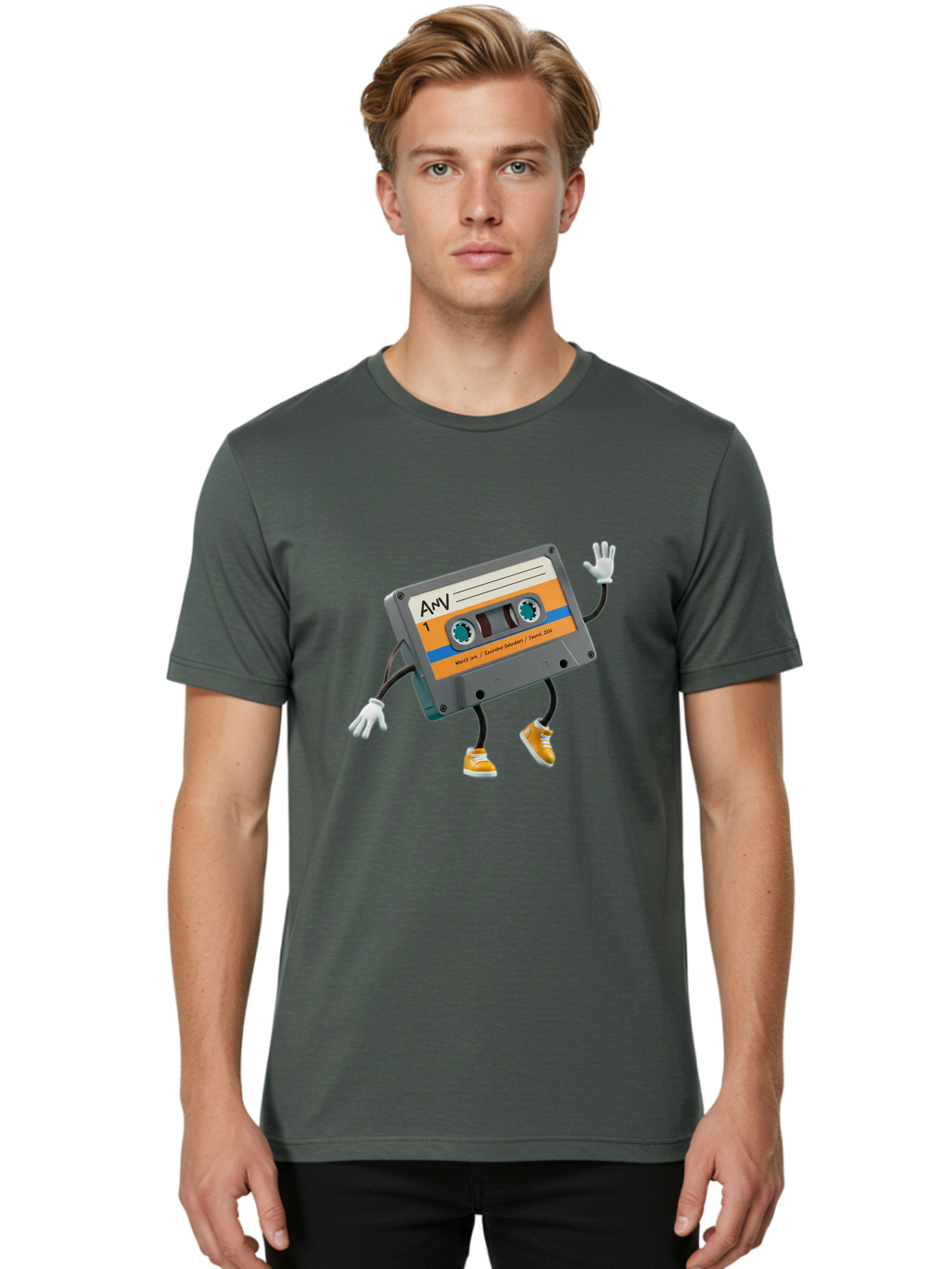 Cassette-Tape-1 Men'S Graphic Tee, 100% Cotton, Comfortable Casual Summer Wear, Machine Washable, Cartoon Cassette Tape, Anthropomorphic Character, Retro Music, Orange Sneakers, Waving Gesture, Fun Design, Nostalgic Vibe, Playful Illustration, Baa259