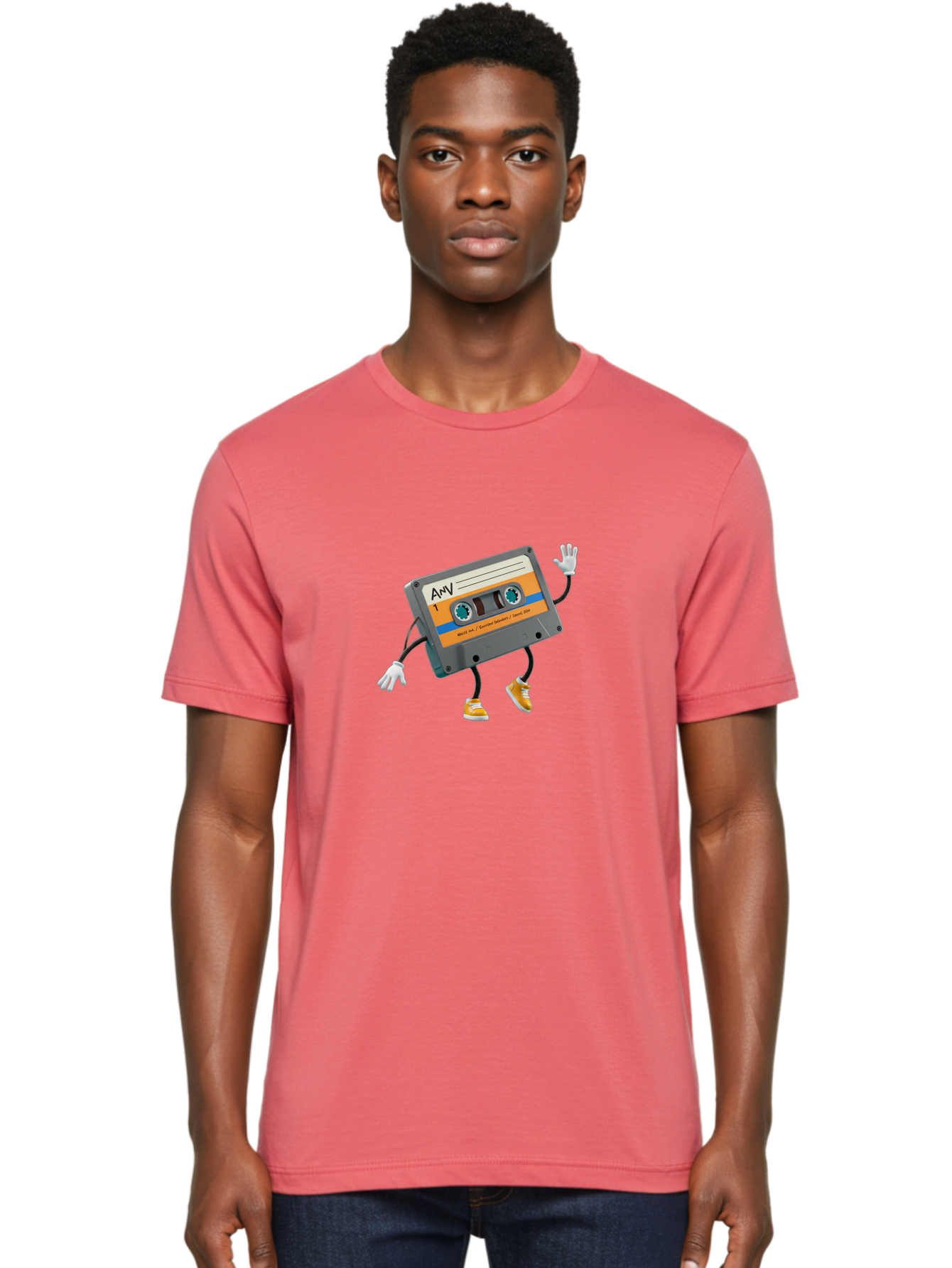 Cassette-Tape-1 Men'S Graphic Tee, 100% Cotton, Comfortable Casual Summer Wear, Machine Washable, Cartoon Cassette Tape, Anthropomorphic Character, Retro Music, Orange Sneakers, Waving Gesture, Fun Design, Nostalgic Vibe, Playful Illustration, Baa259