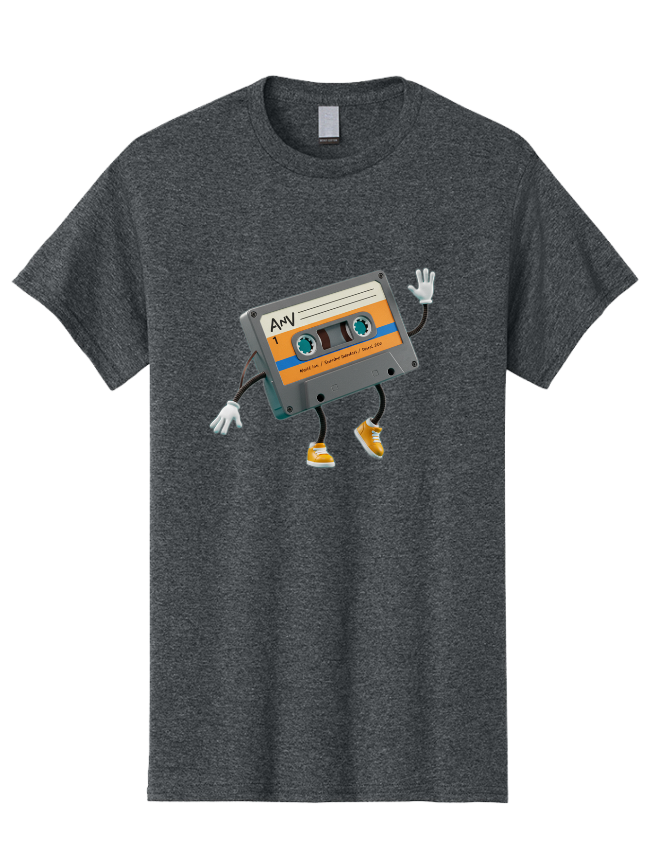 Cassette-Tape-1 Men'S Graphic Tee, 100% Cotton, Comfortable Casual Summer Wear, Machine Washable, Cartoon Cassette Tape, Anthropomorphic Character, Retro Music, Orange Sneakers, Waving Gesture, Fun Design, Nostalgic Vibe, Playful Illustration, Baa259